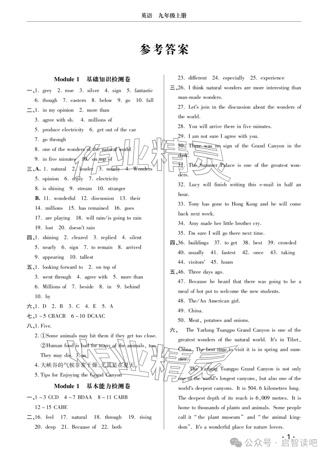 2025年同步练习册分层检测卷九年级英语上册外研版 参考答案第1页
