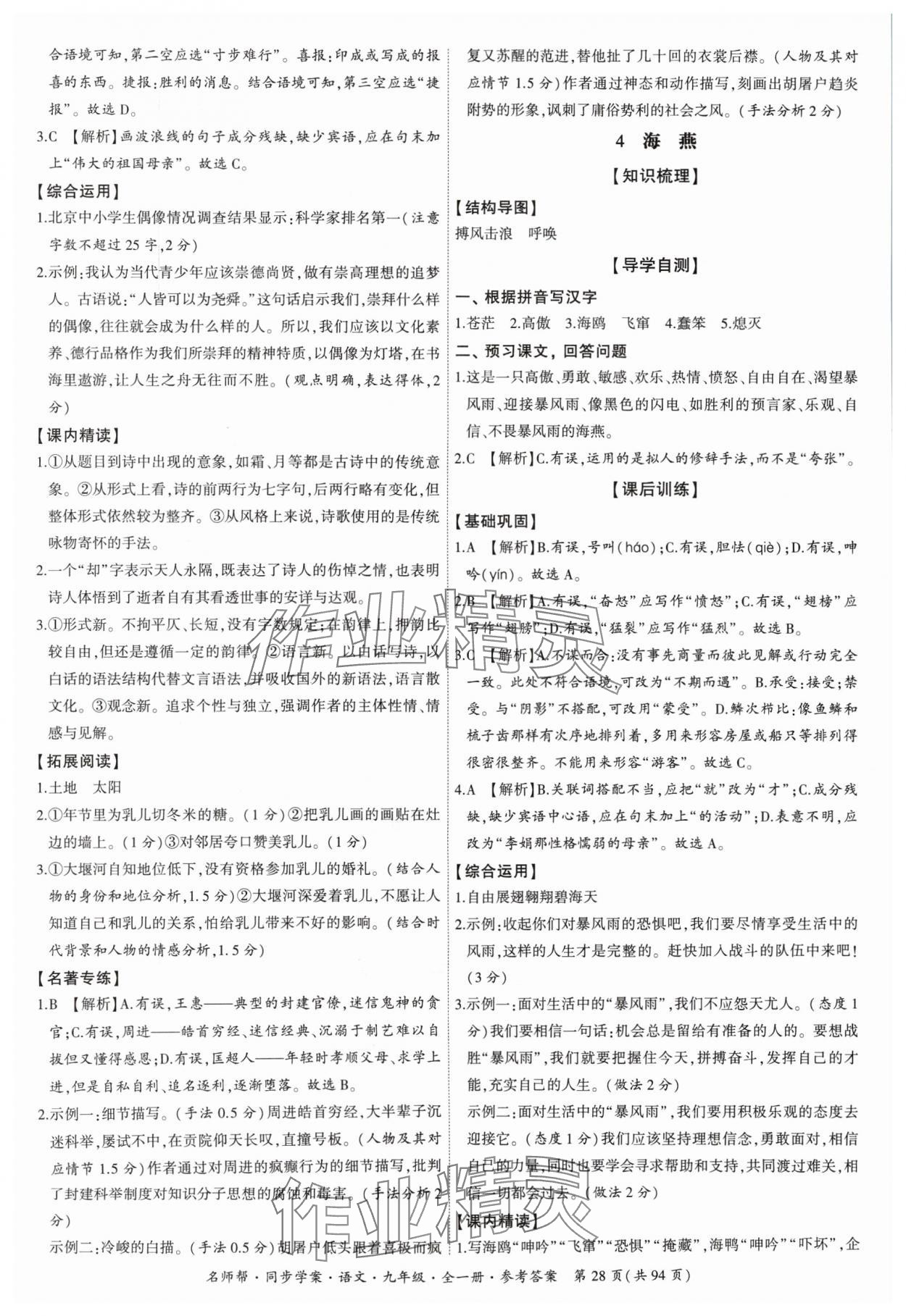 2024年名師幫同步學(xué)案九年級(jí)語文全一冊人教版 參考答案第28頁