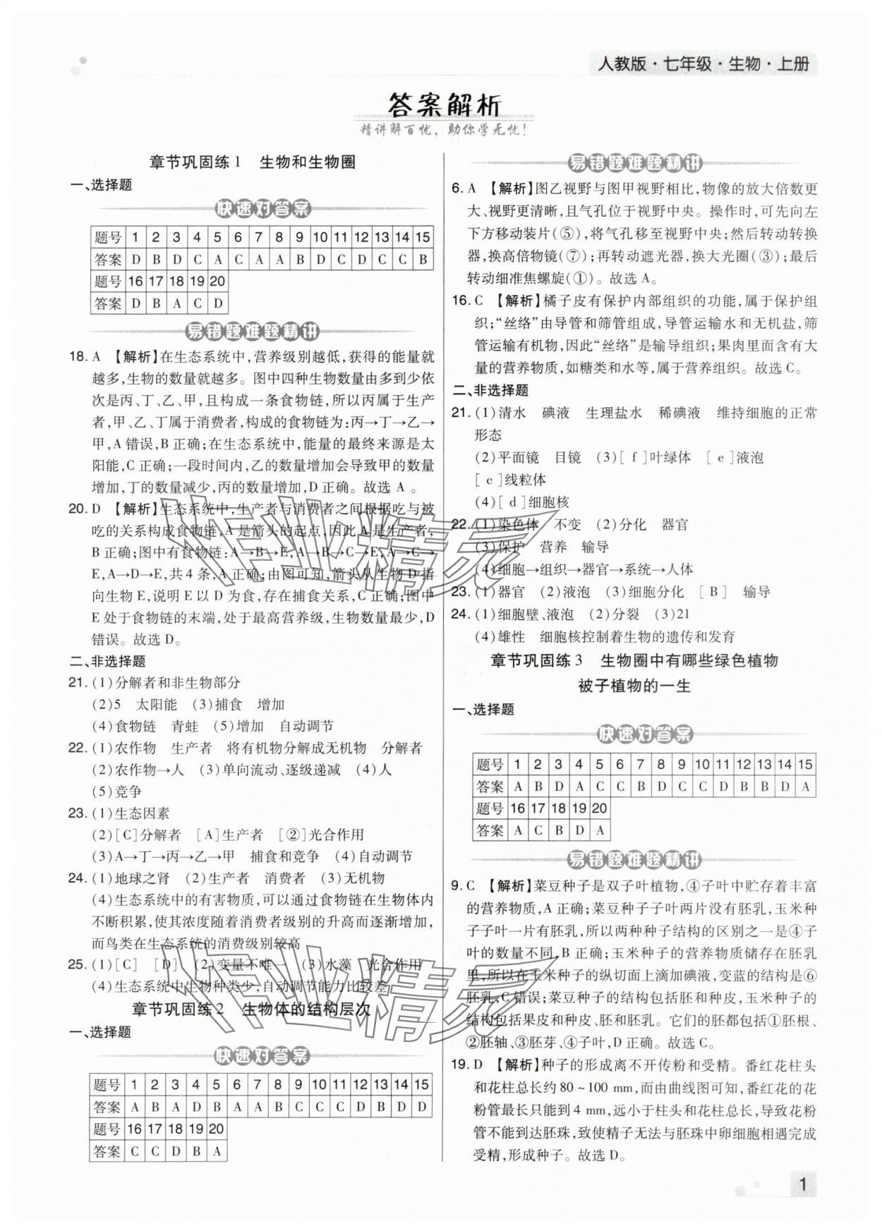 2023年期末考试必刷卷七年级生物上册人教版河南专版 第1页