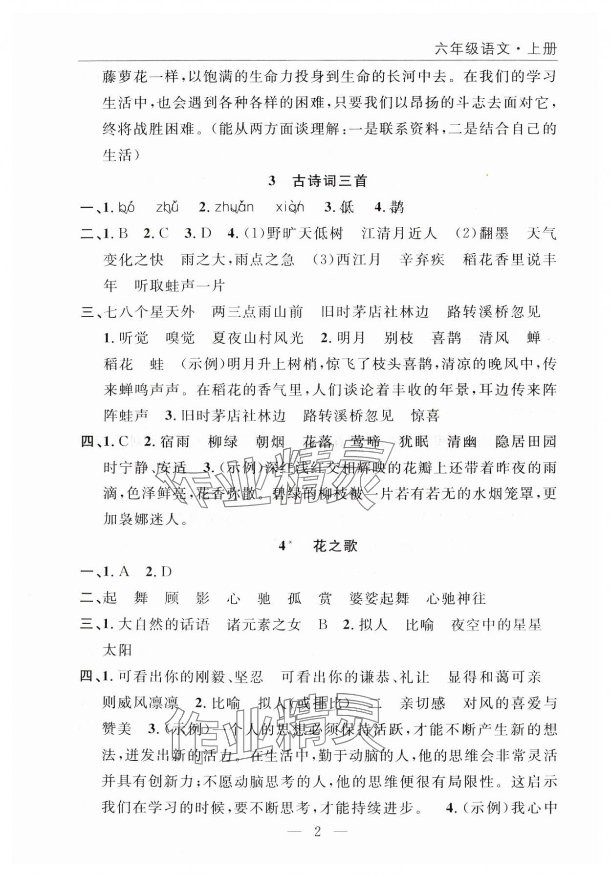 2025年优质课堂快乐成长六年级语文上册人教版 参考答案第2页