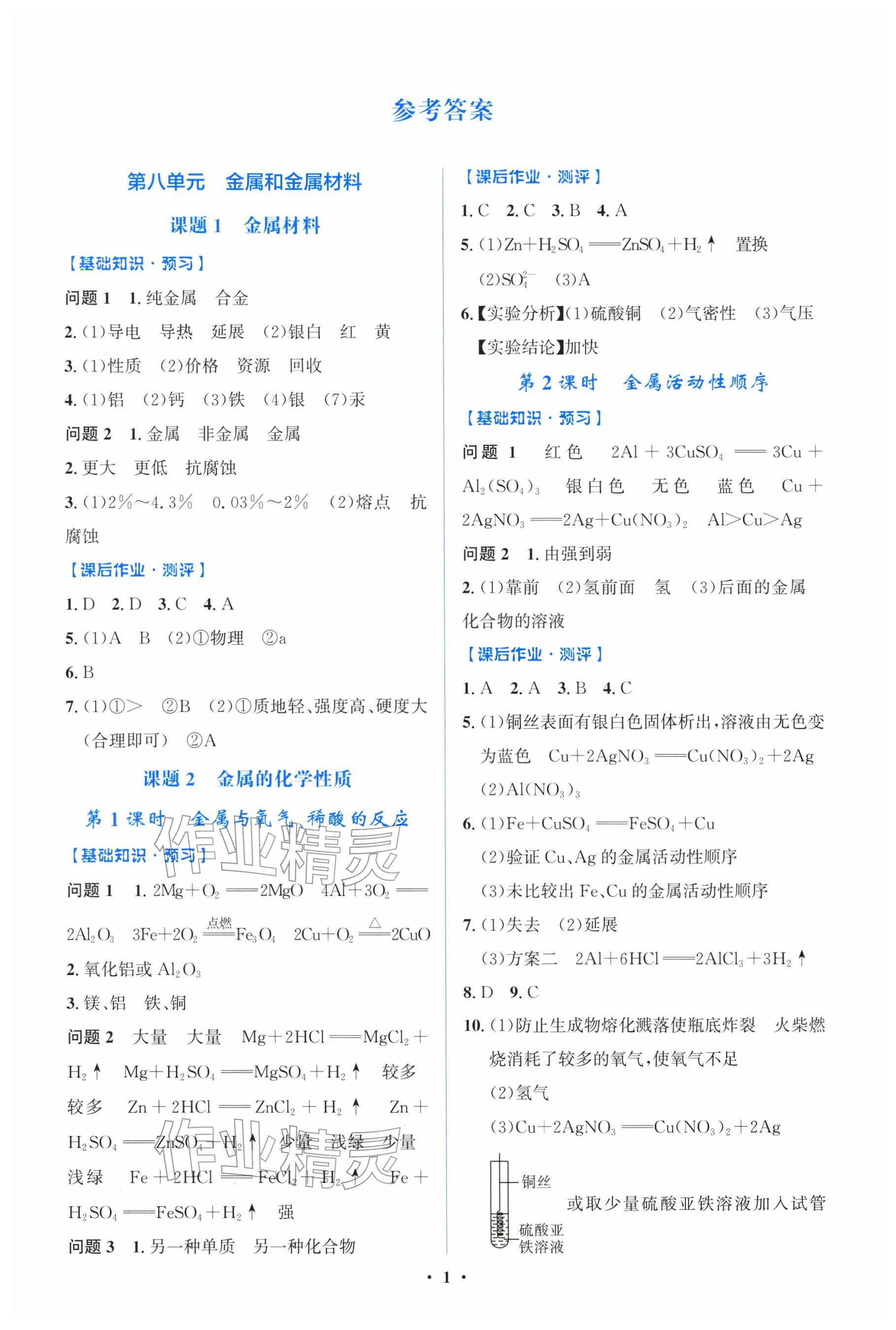 2026年阳光课堂金牌练习册九年级化学下册人教版精编版 参考答案第1页
