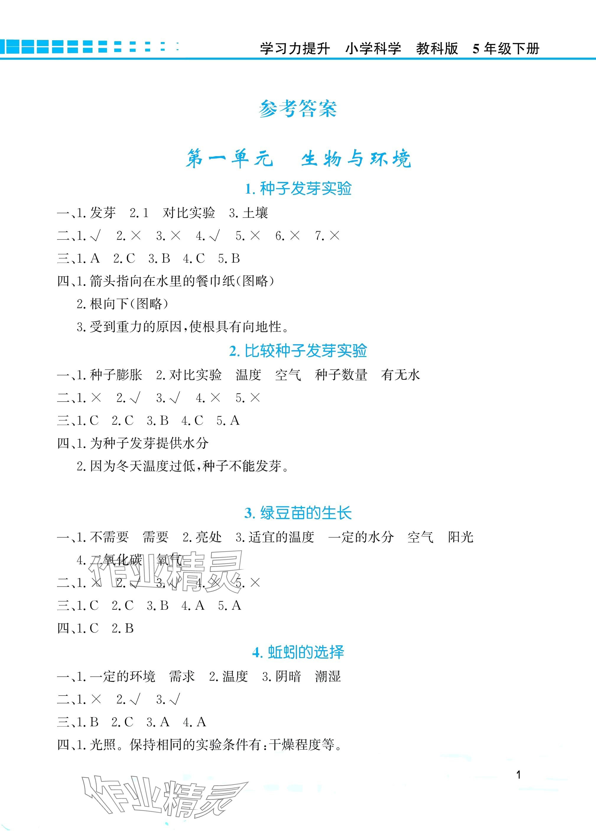2025年學習力提升五年級科學下冊教科版 參考答案第1頁