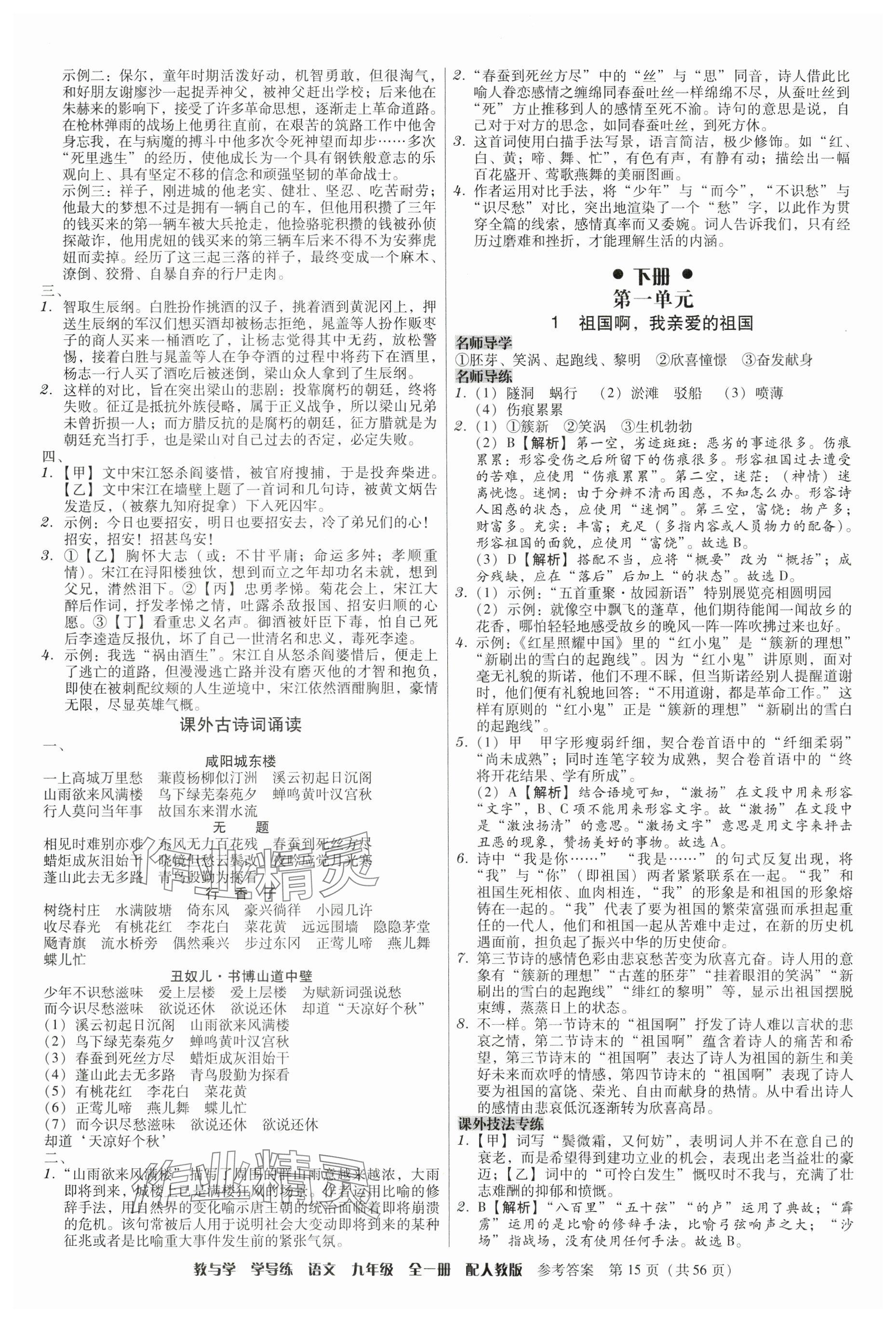 2024年教與學學導練九年級語文全一冊人教版 參考答案第15頁