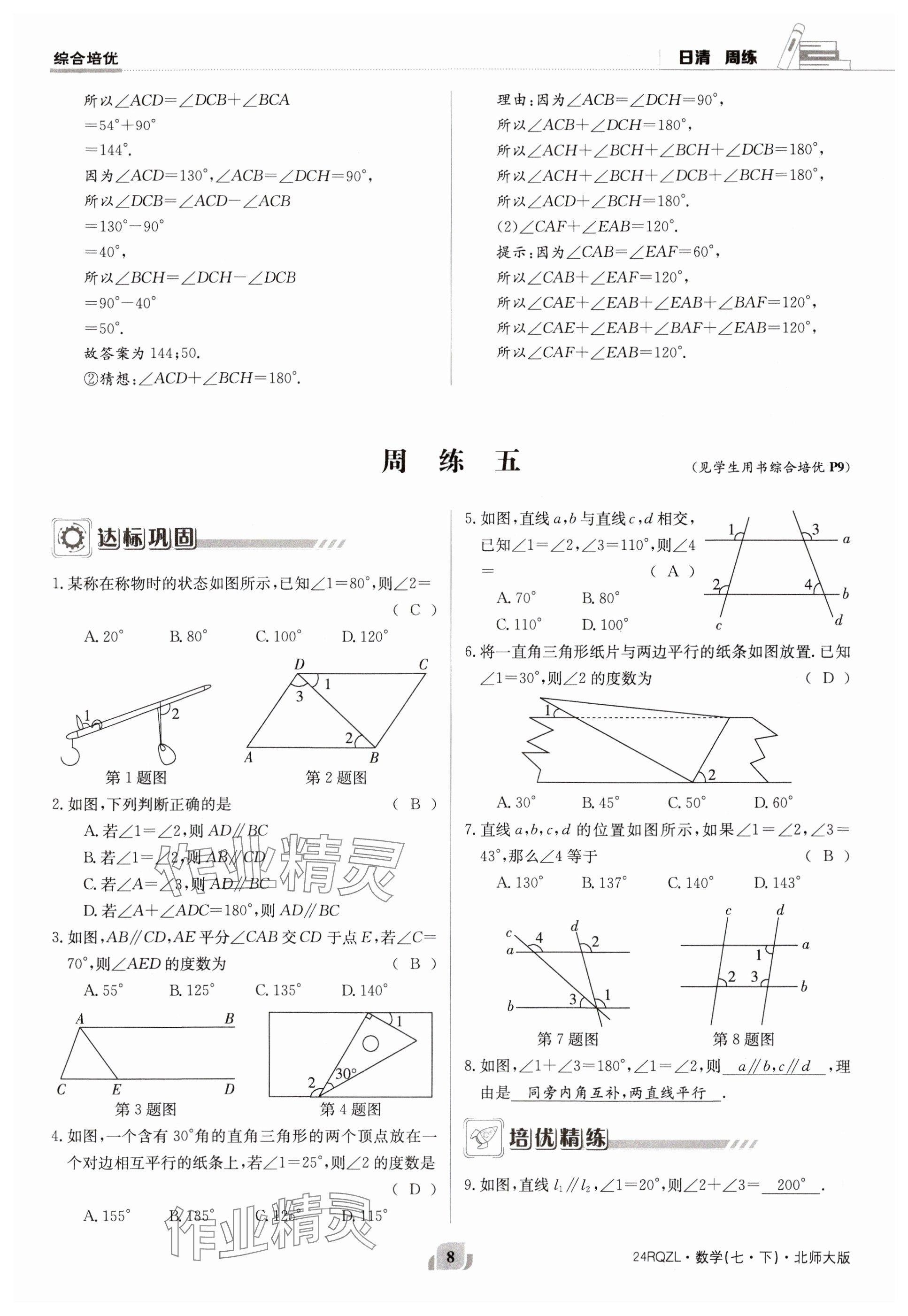 2024年日清周練七年級(jí)數(shù)學(xué)下冊(cè)北師大版 參考答案第8頁(yè)