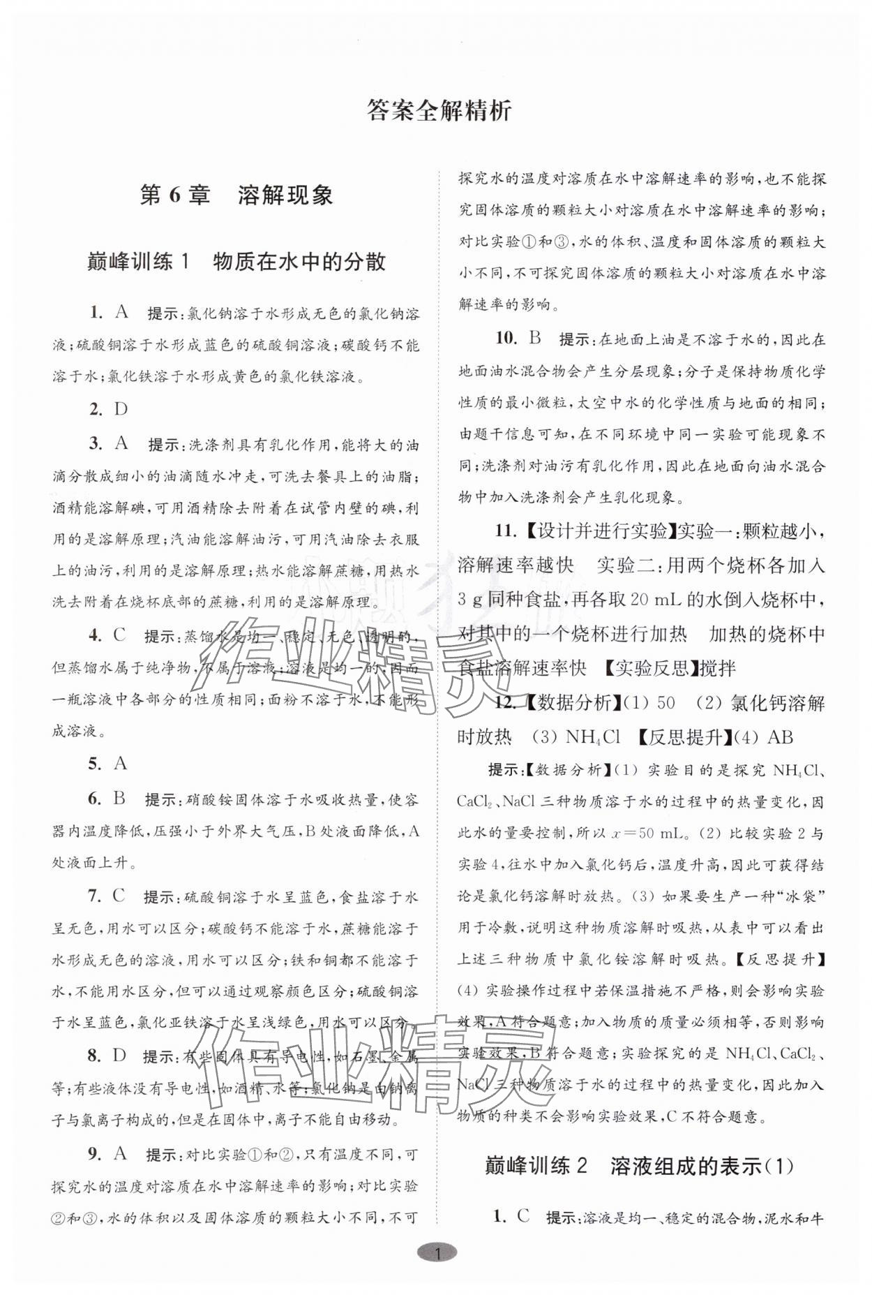 2024年初中化学小题狂做九年级下册沪教版巅峰版 参考答案第1页