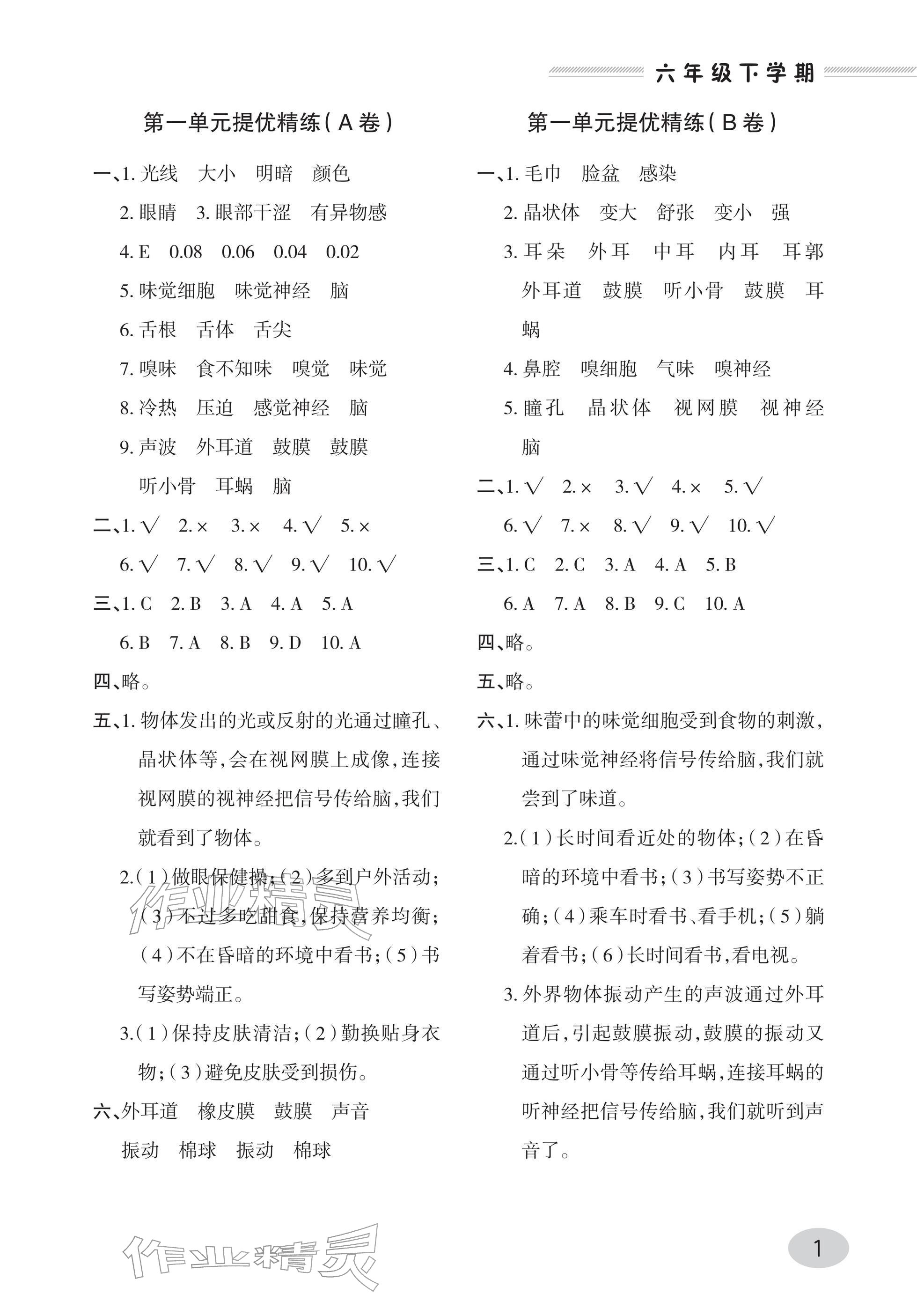 2026年同步练习册青岛出版社六年级科学下册青岛版&nbsp;参考答案第1页