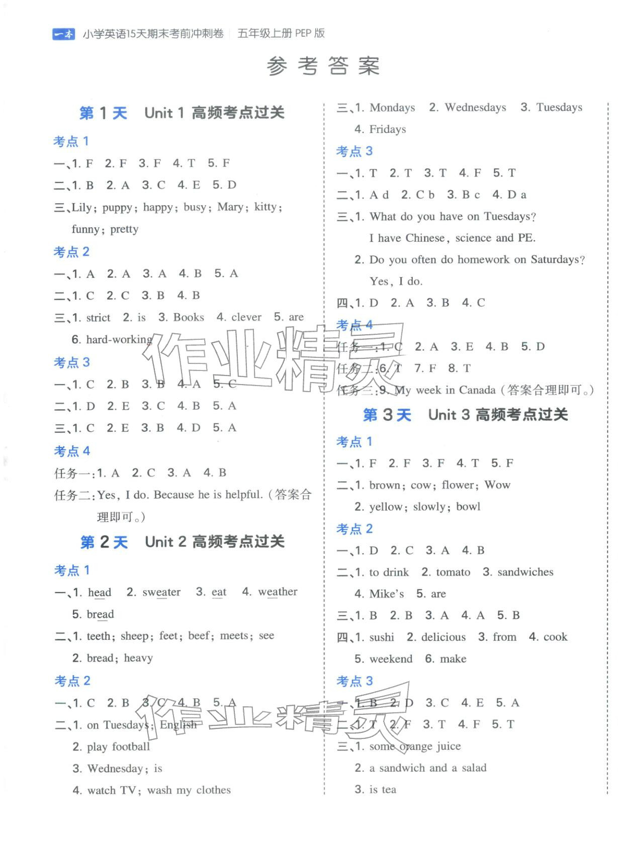 2025年15天期末考前冲刺卷五年级英语上册人教版&nbsp;第1页