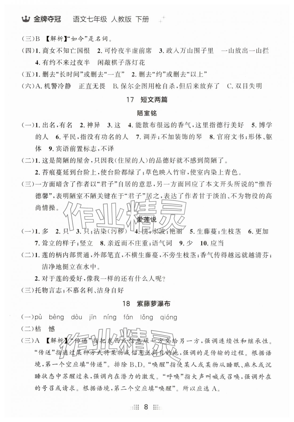 2025年點石成金金牌奪冠七年級語文下冊人教版遼寧專版 參考答案第8頁