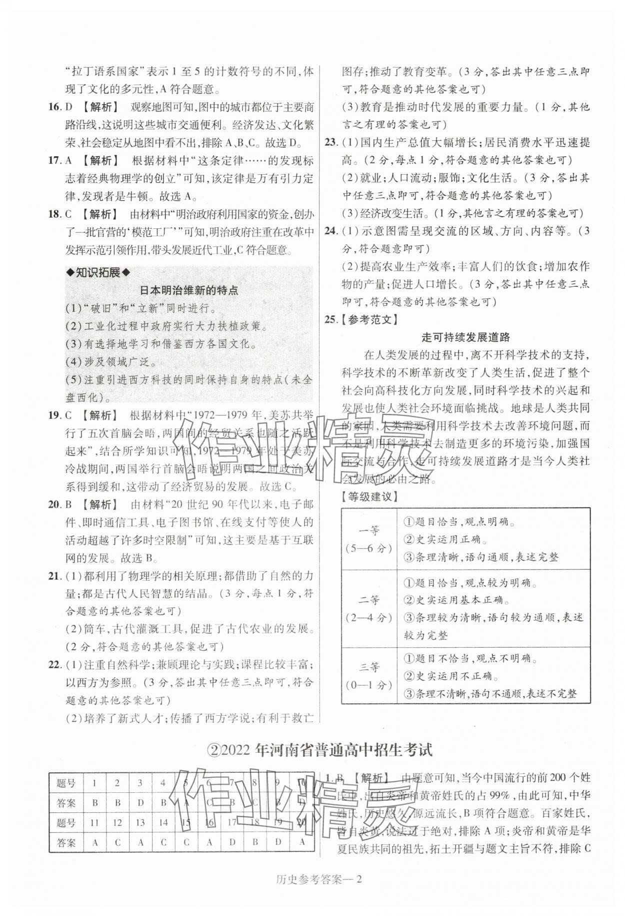 2024年泽睿文化真题汇编卷历史中考河南专版 参考答案第2页