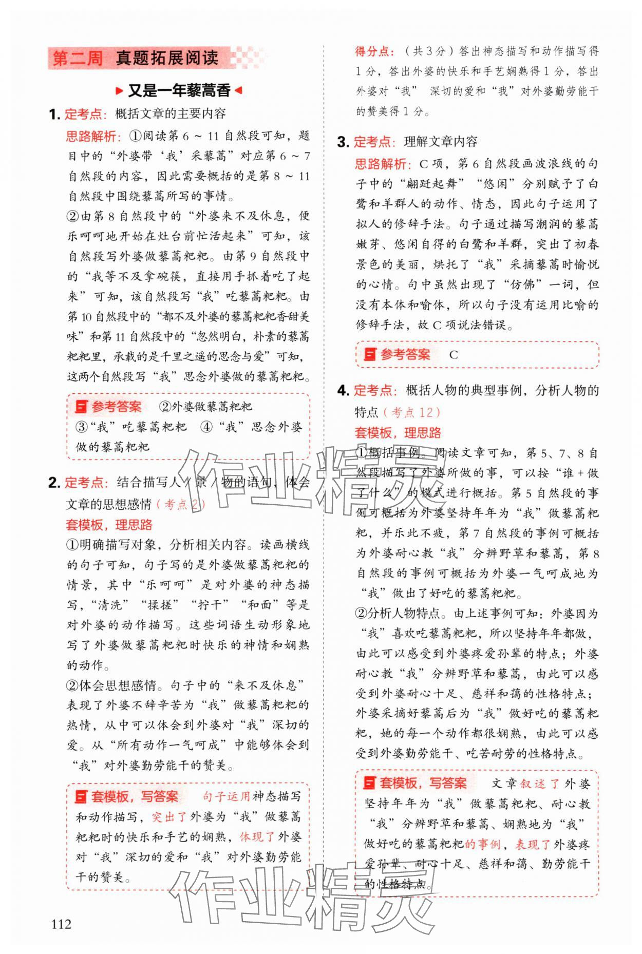 2025年閱讀理解與答題模板五年級語文下冊人教版 參考答案第4頁