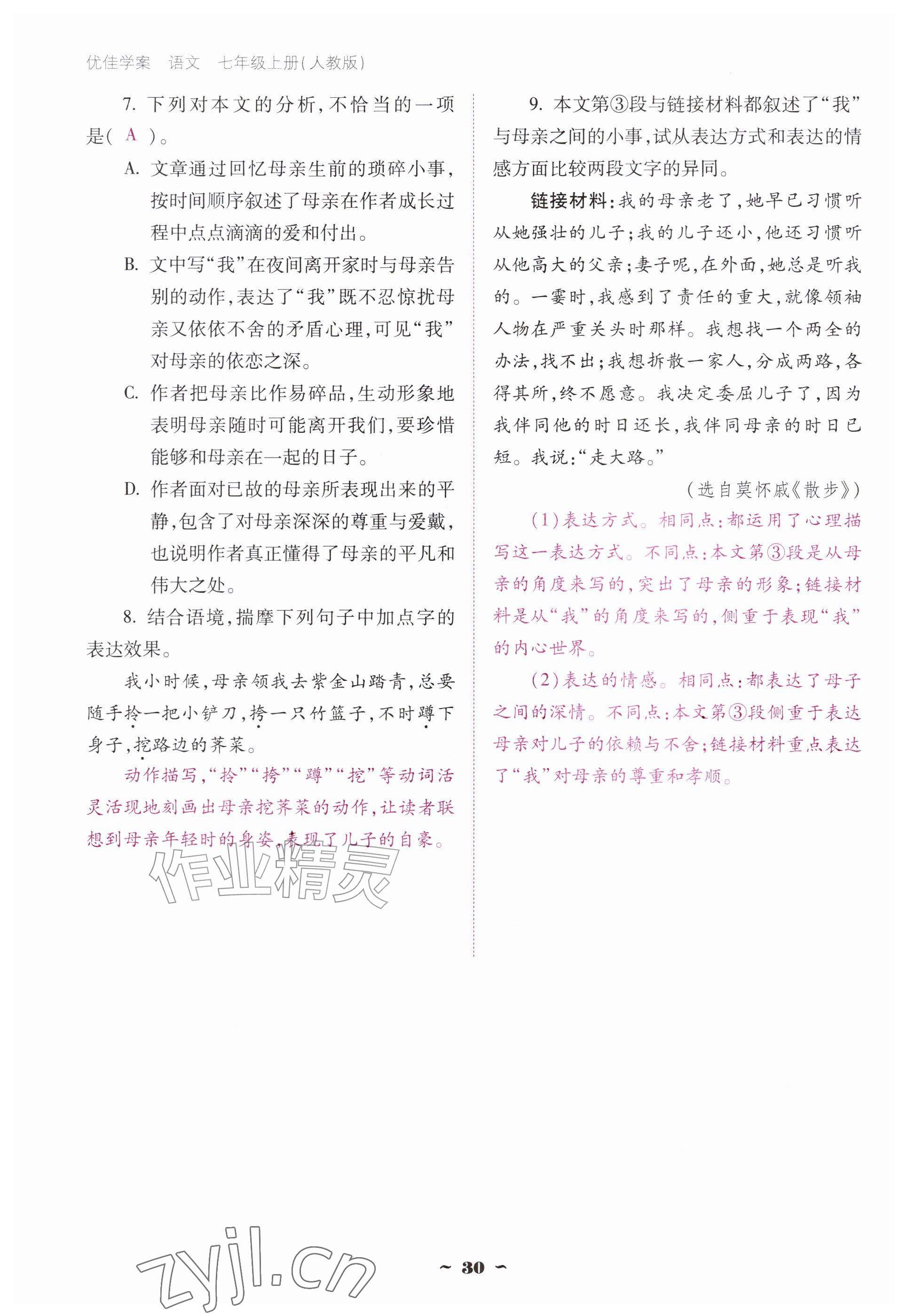 2026年云南省标准教辅优佳学案七年级语文上册人教版&nbsp;参考答案第30页