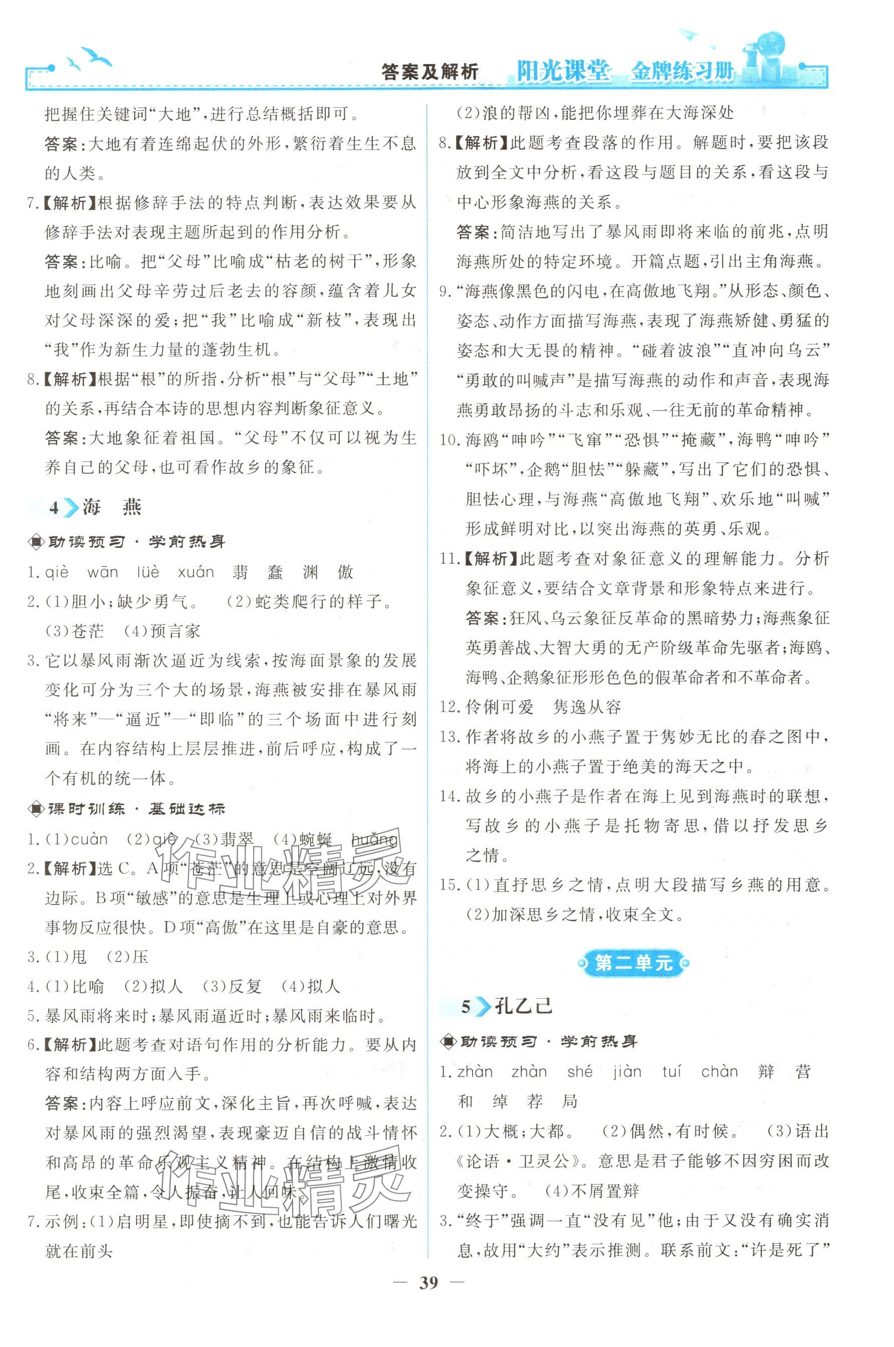 2026年阳光课堂金牌练习册九年级语文下册人教版 参考答案第3页