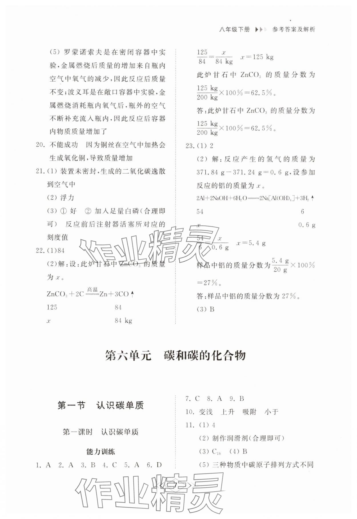 2025年綜合能力訓練八年級化學下冊魯教版54制 參考答案第6頁