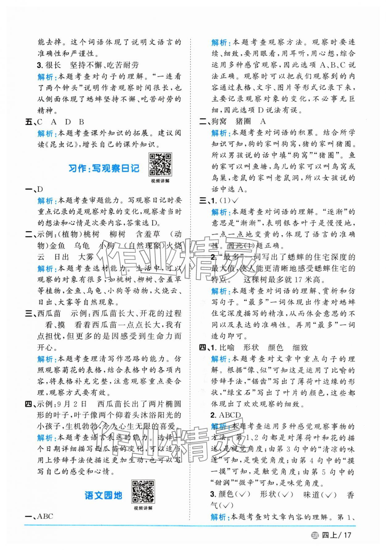 2024年阳光同学课时优化作业四年级语文上册人教版五四制 参考答案第17页