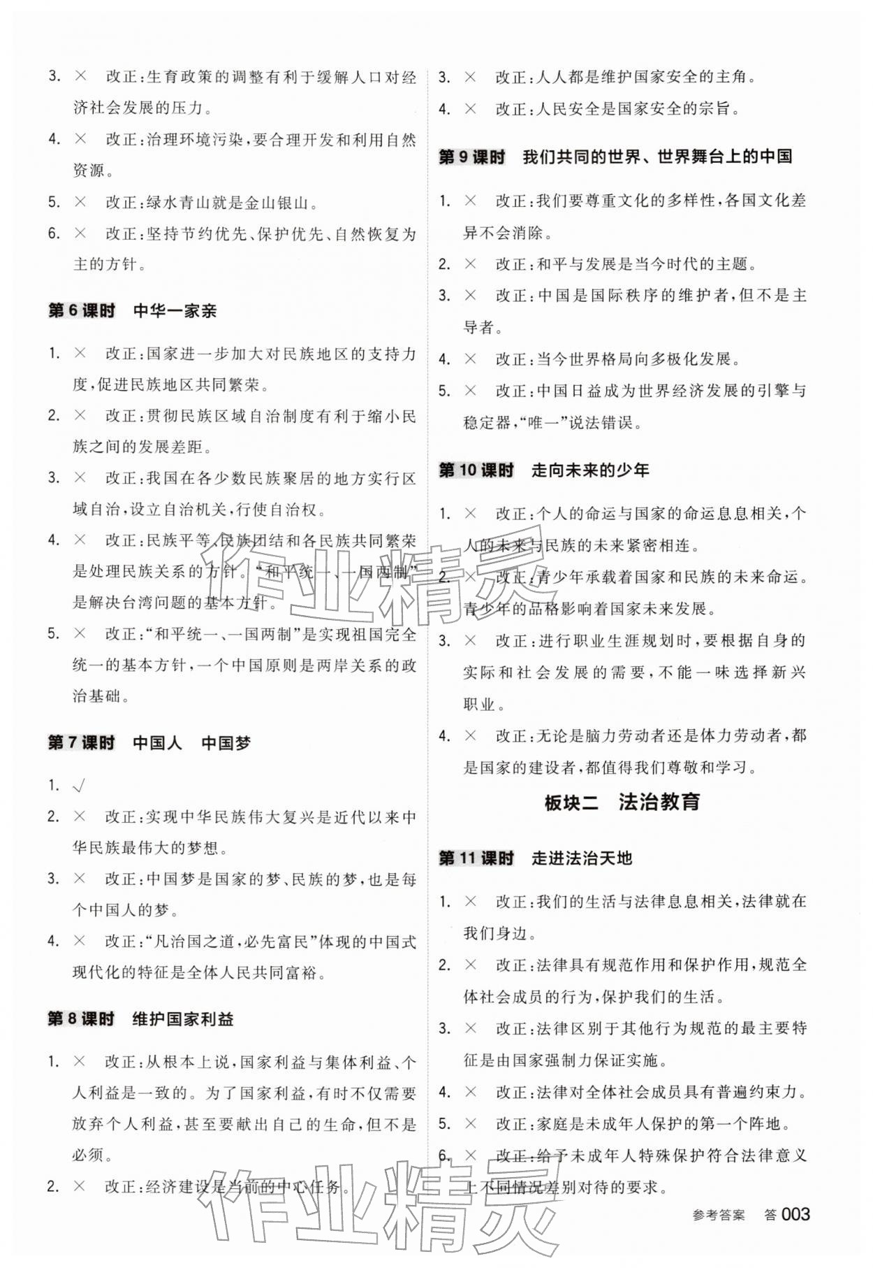 2026年全品中考复习方案道德与法治宁夏专版&nbsp;参考答案第2页