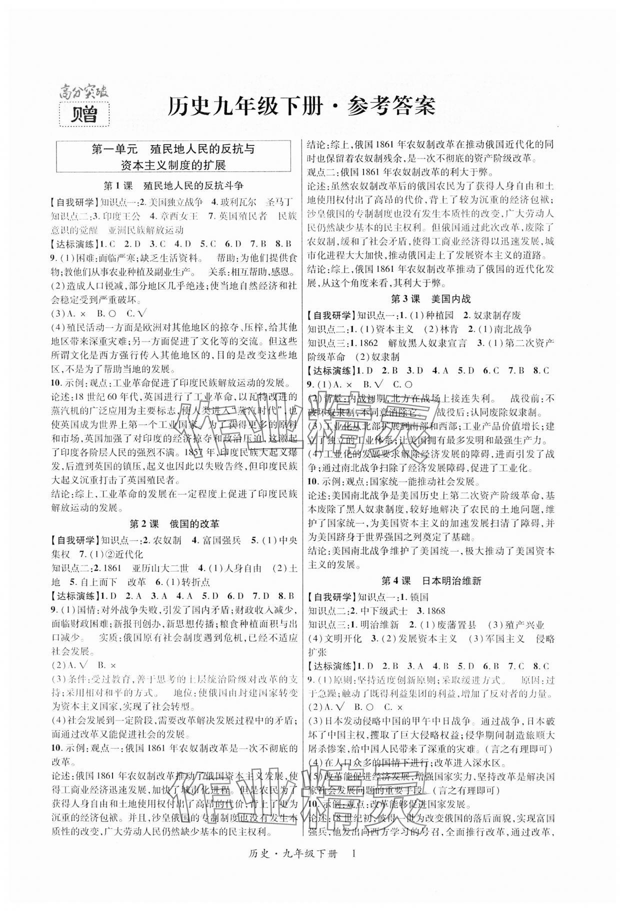 2024年高分突破課時達(dá)標(biāo)講練測九年級歷史下冊人教版 第1頁