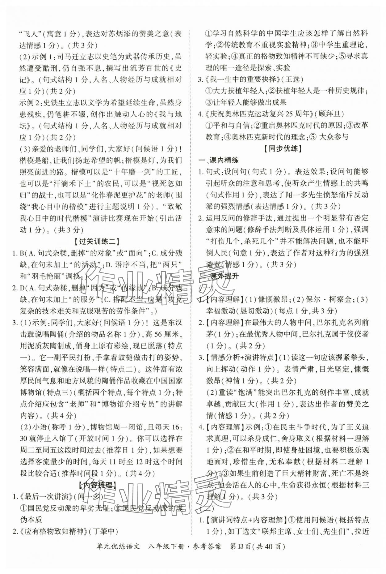2025年單元優(yōu)練八年級語文下冊人教版廣州專版 參考答案第13頁
