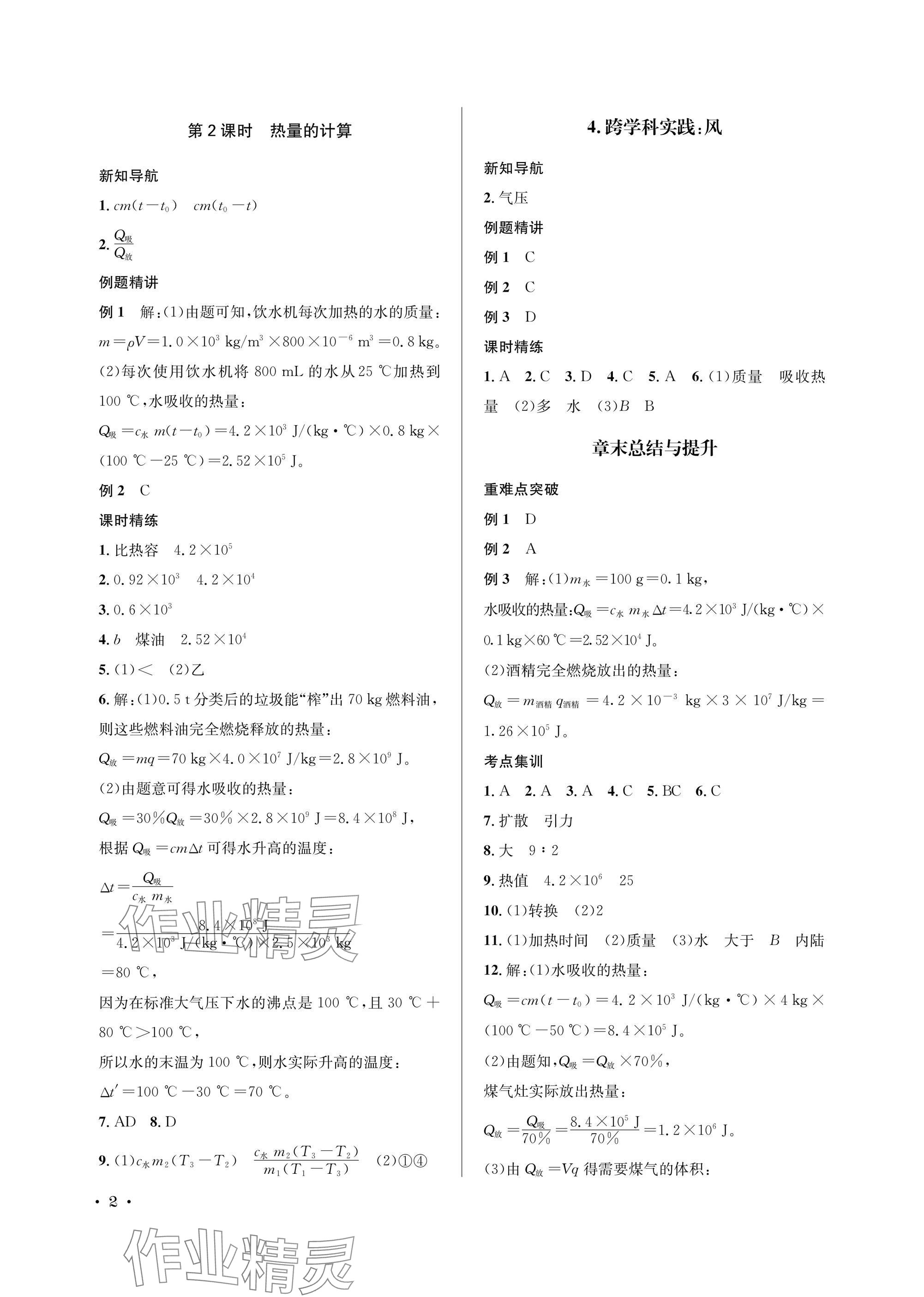 2025年蓉城之星九年级物理上册教科版 参考答案第2页
