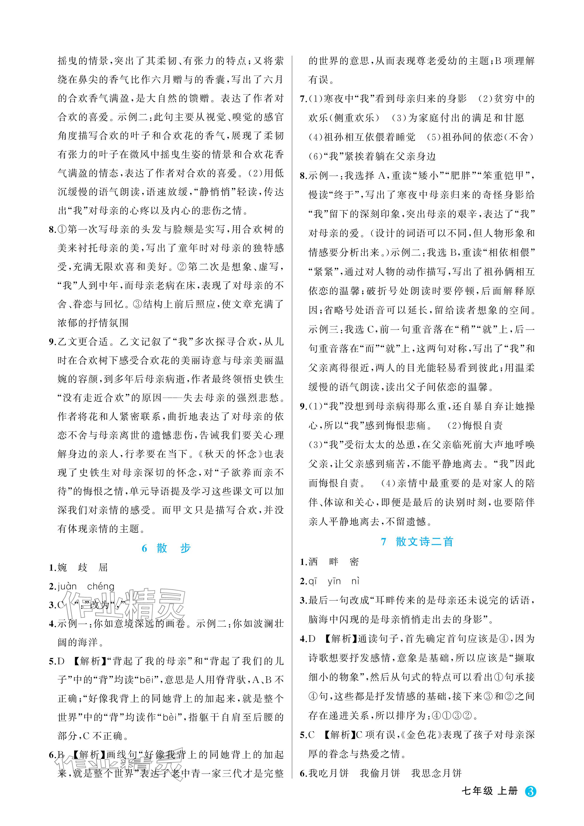2024年名師面對面學(xué)科素養(yǎng)評價七年級語文上冊人教版 參考答案第3頁