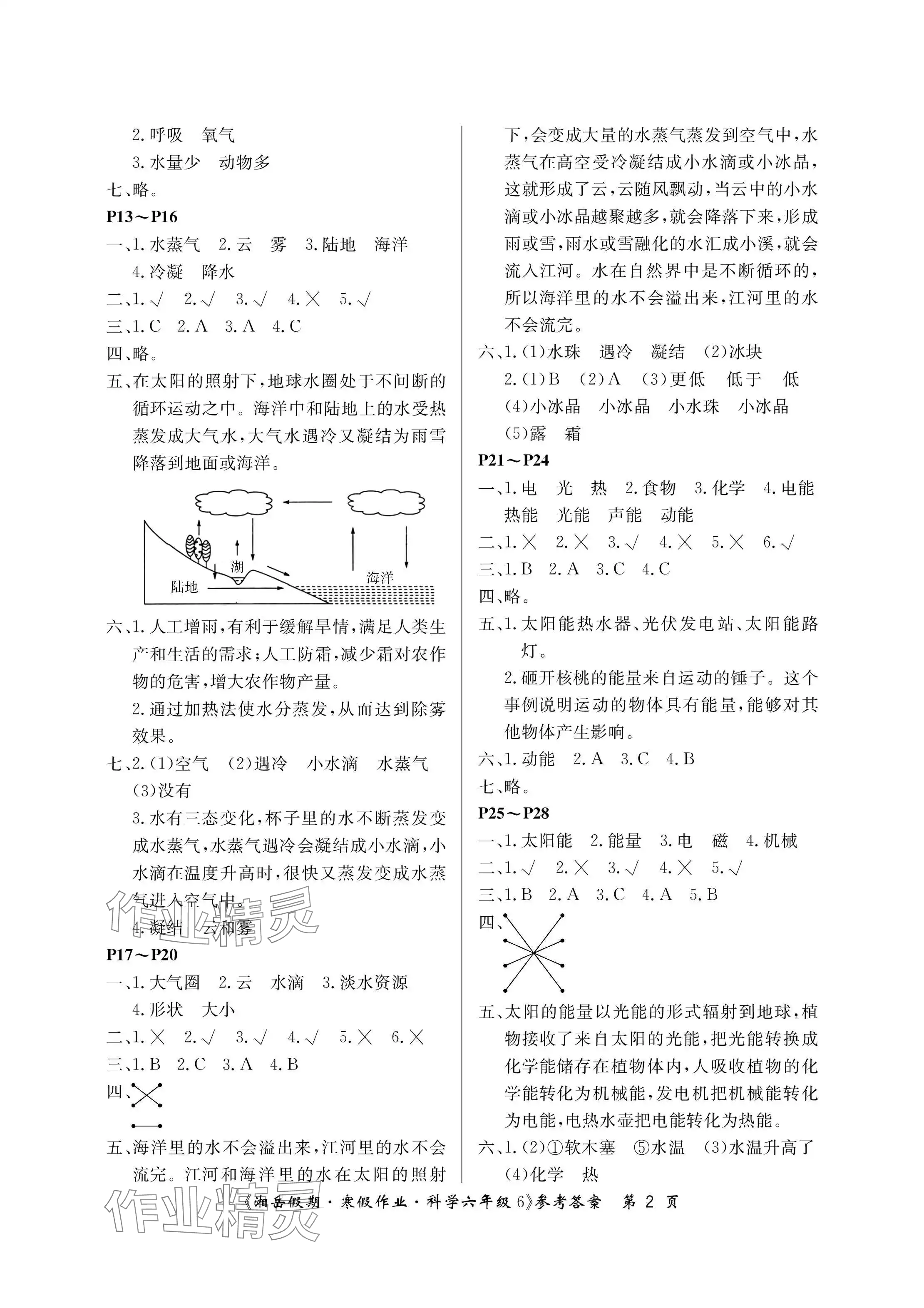 2024年湘岳假期寒假作业六年级科学湘教版第六版 参考答案第2页