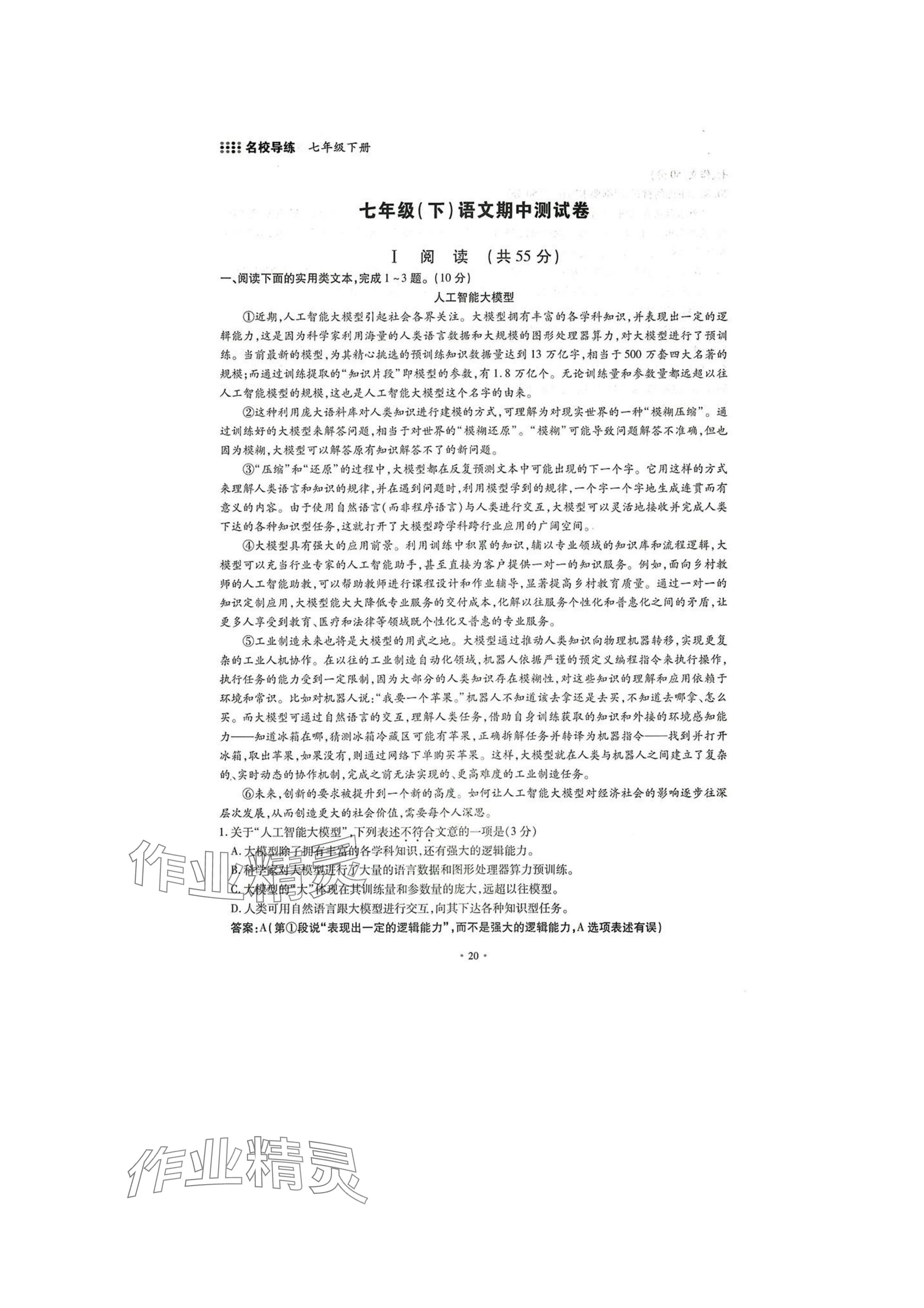 2025年名校导练七年级语文下册人教版 参考答案第20页