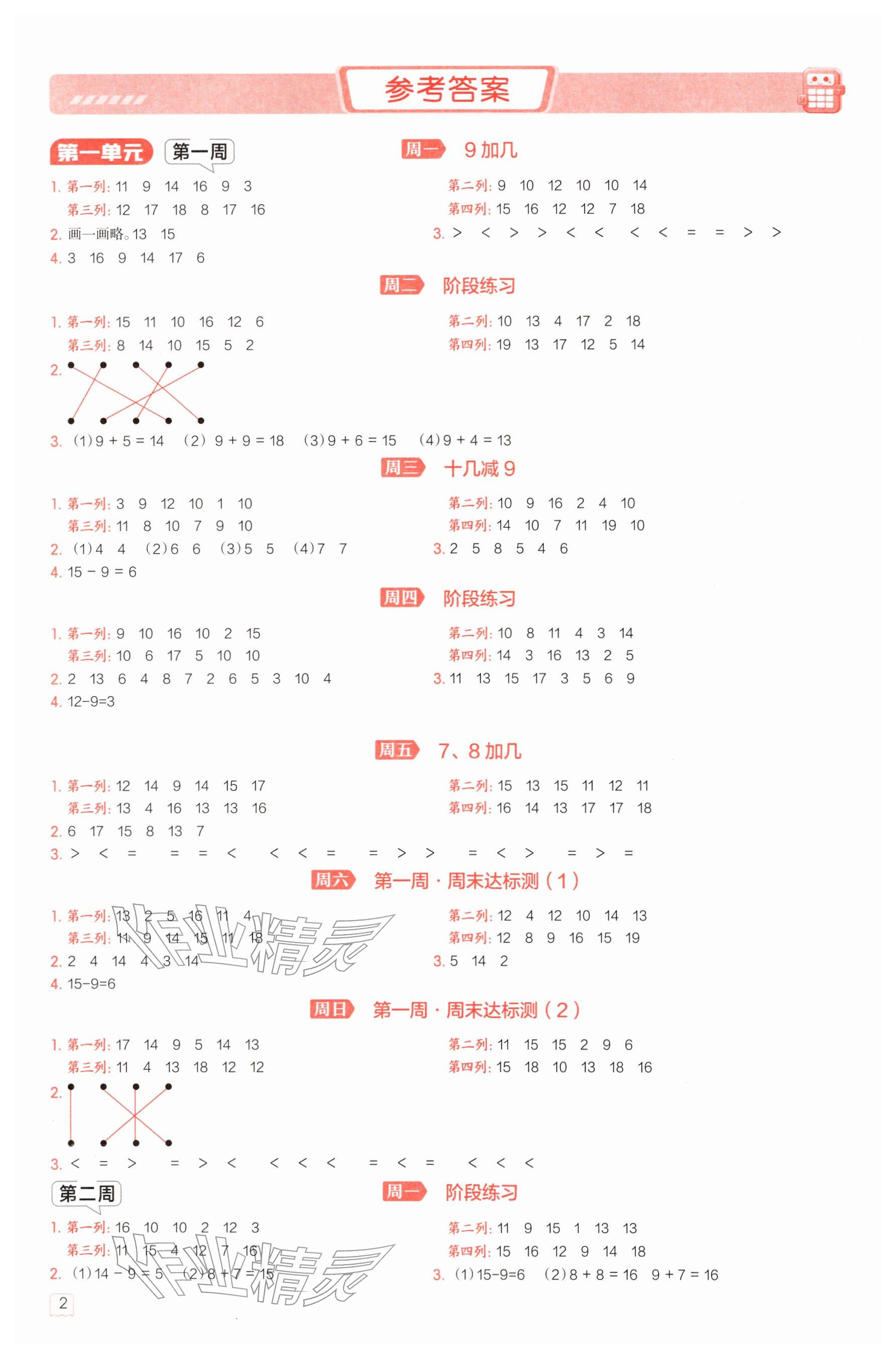 2026年星级口算天天练一年级数学下册苏教版&nbsp;参考答案第1页