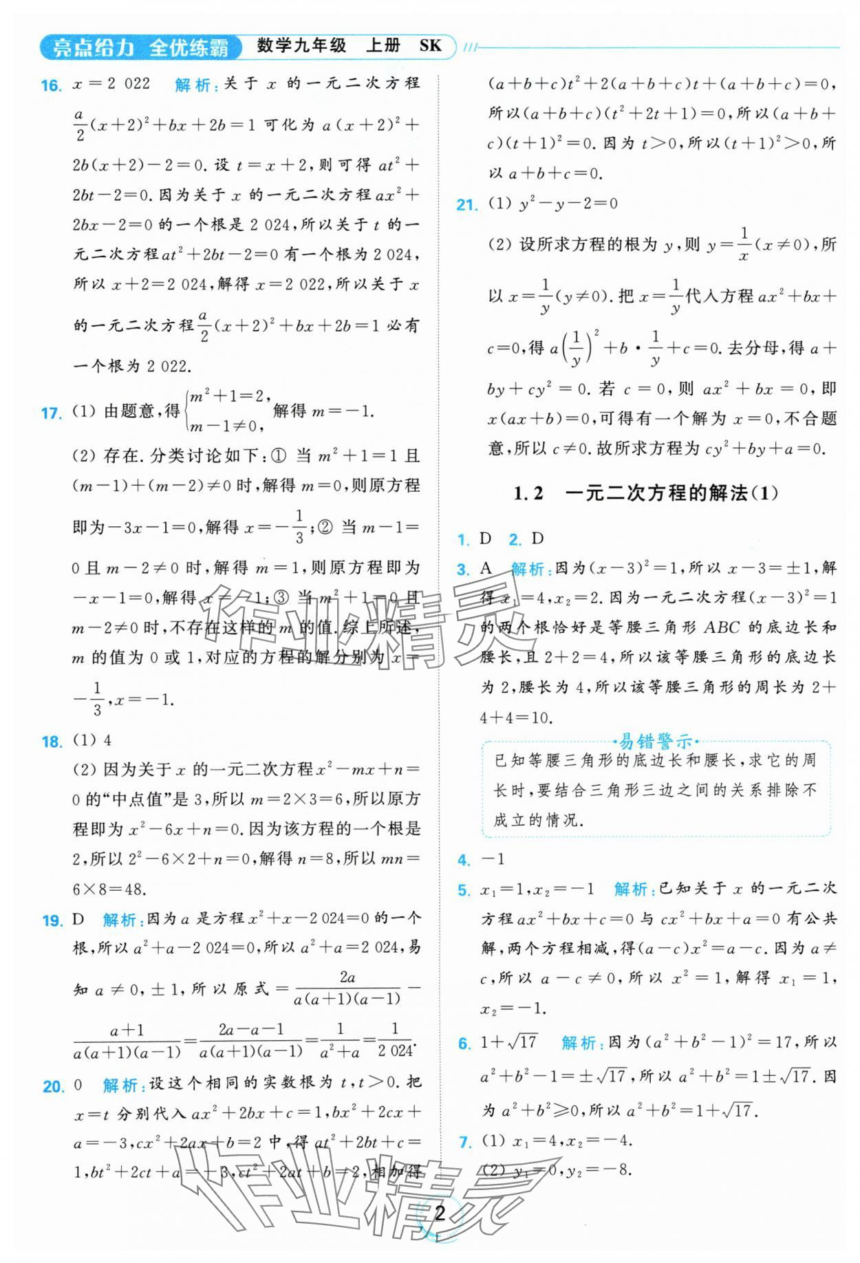 2024年亮點給力全優(yōu)練霸九年級數(shù)學上冊蘇科版 參考答案第2頁