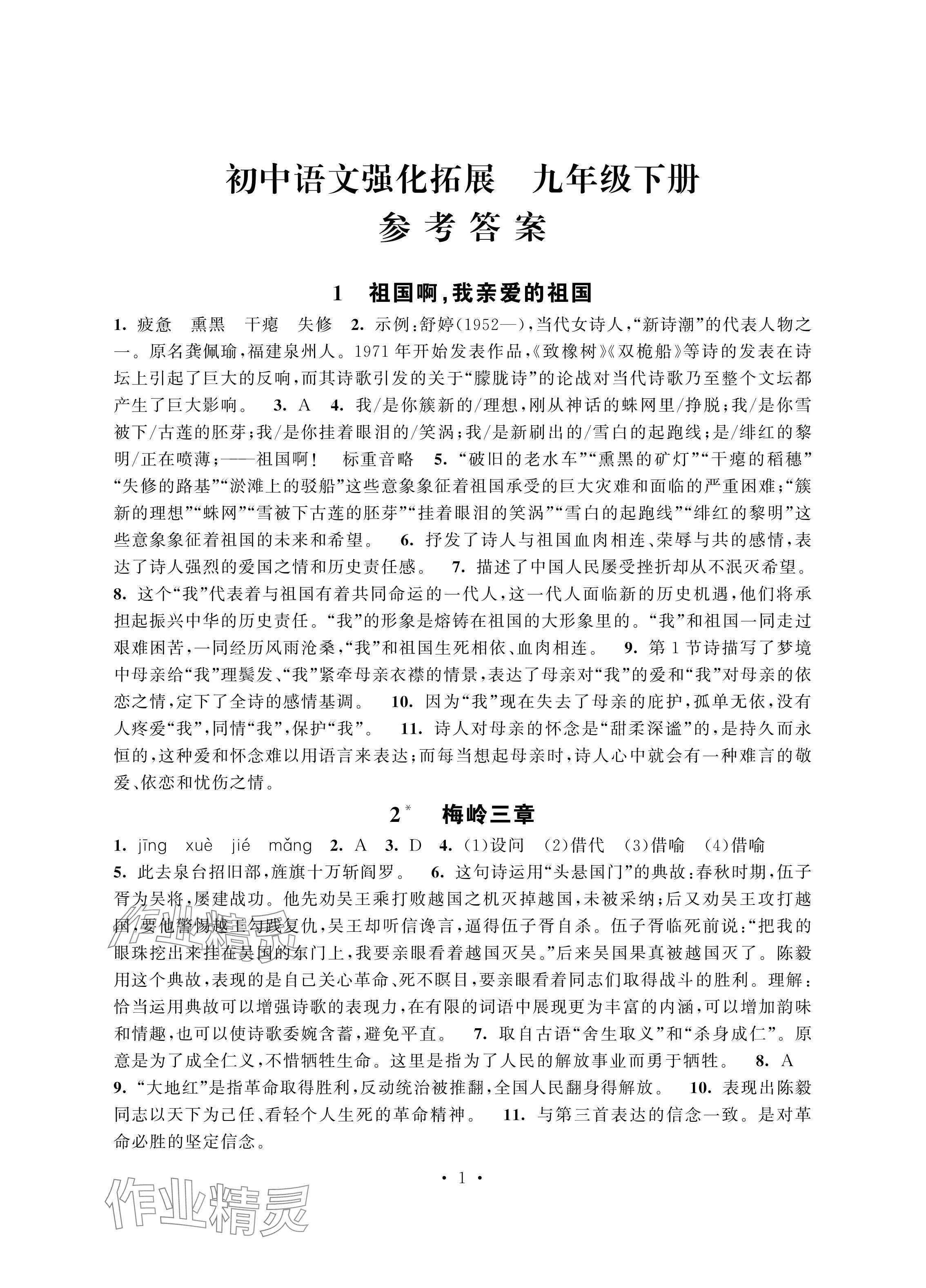 2024年學習與評價強化拓展九年級語文下冊人教版 參考答案第1頁