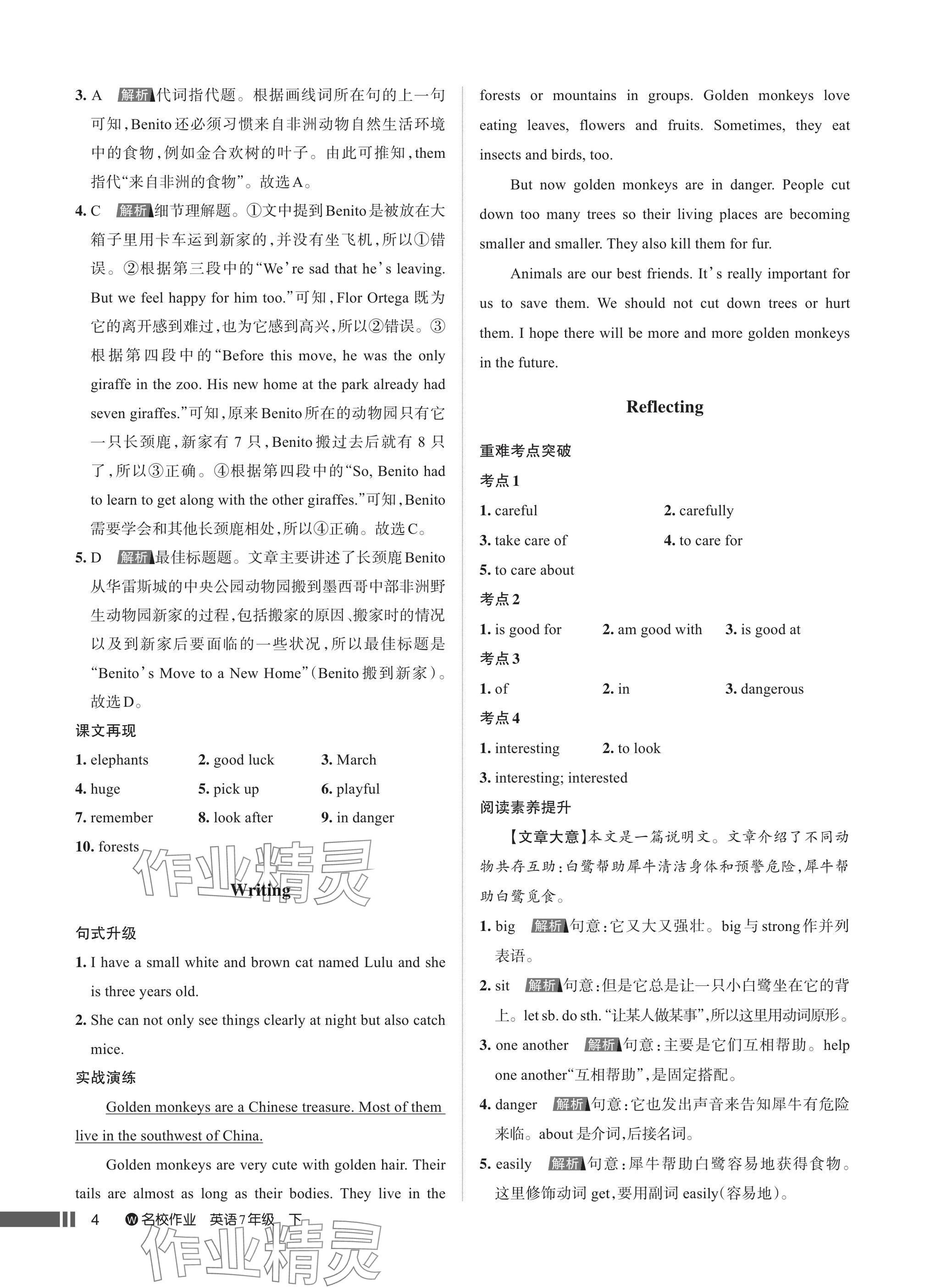 2025年名校作業七年級英語下冊人教版武漢專版 參考答案第4頁