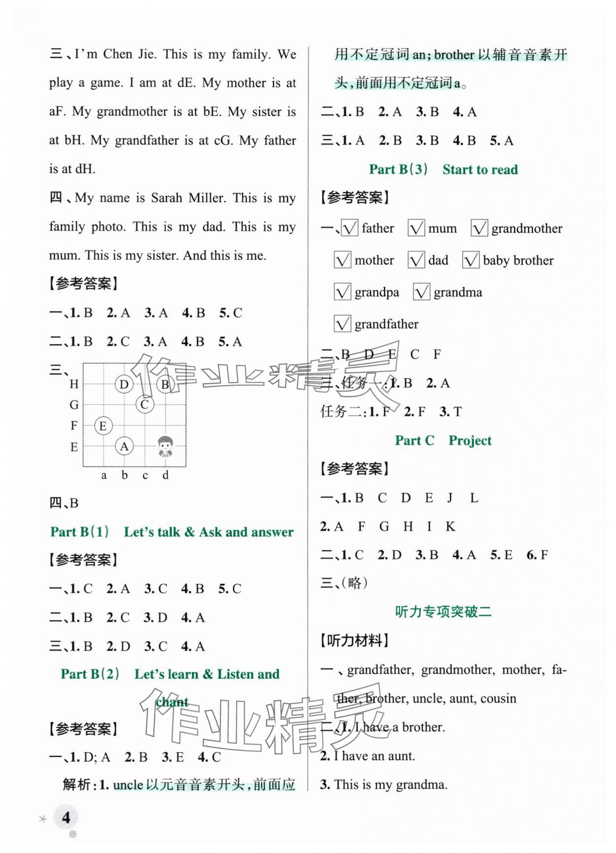 2025年绿卡小学作业本三年级英语上册人教版郑州专版&nbsp;参考答案第4页