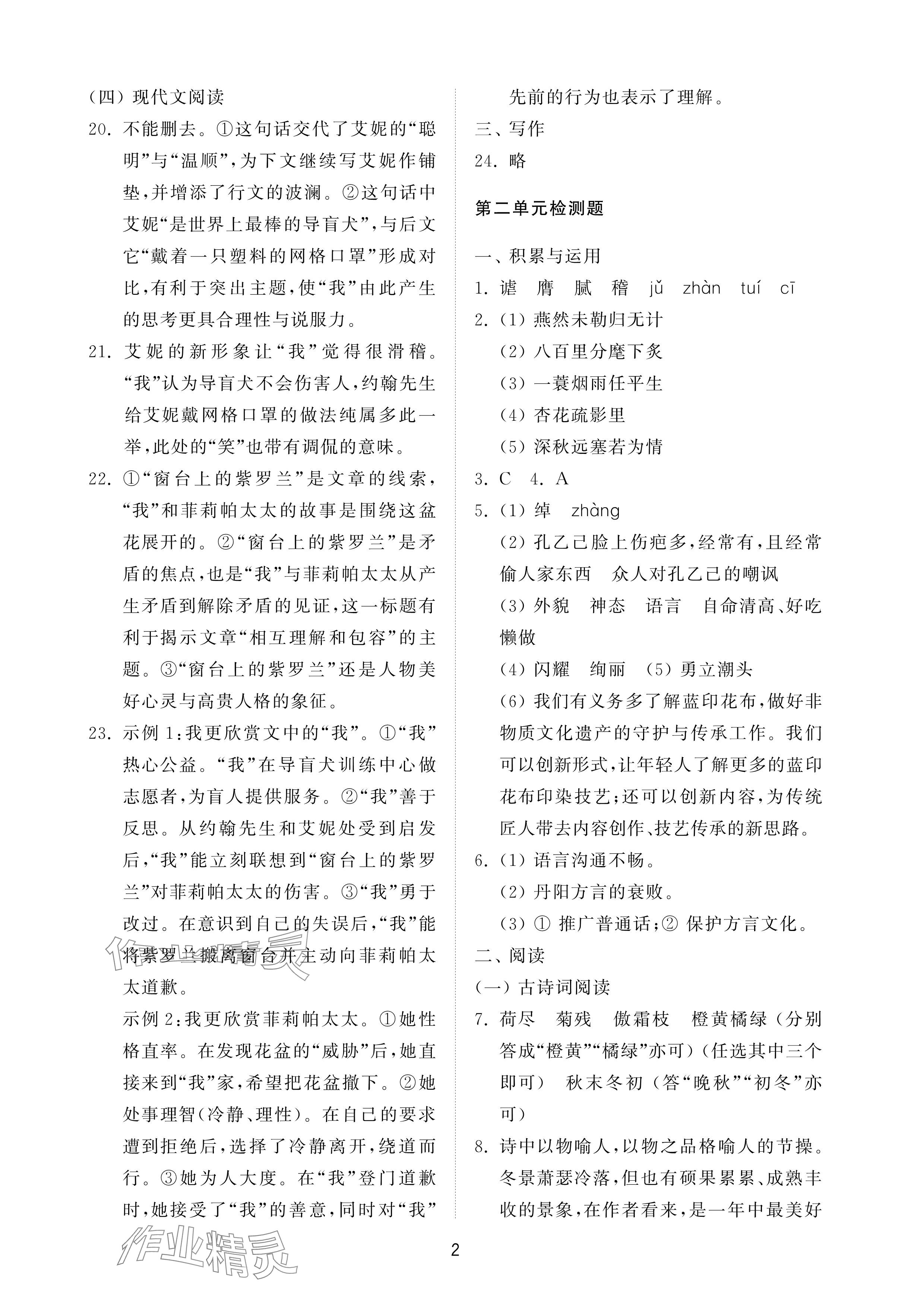 2025年同步練習冊配套檢測卷九年級語文下冊人教版煙臺專版54制 參考答案第2頁