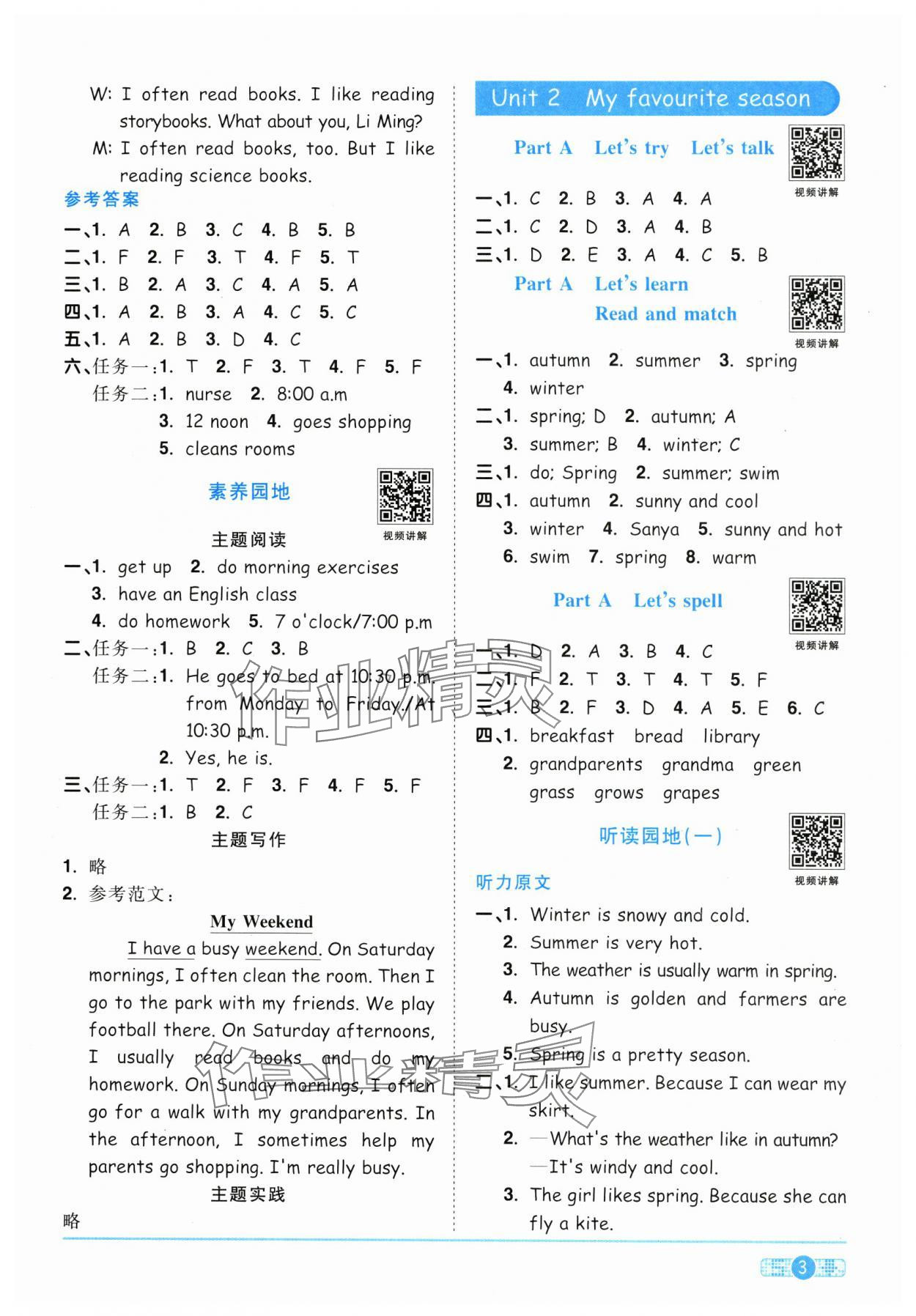 2025年陽光同學課時全優(yōu)訓練五年級英語下冊人教版浙江專版 參考答案第3頁