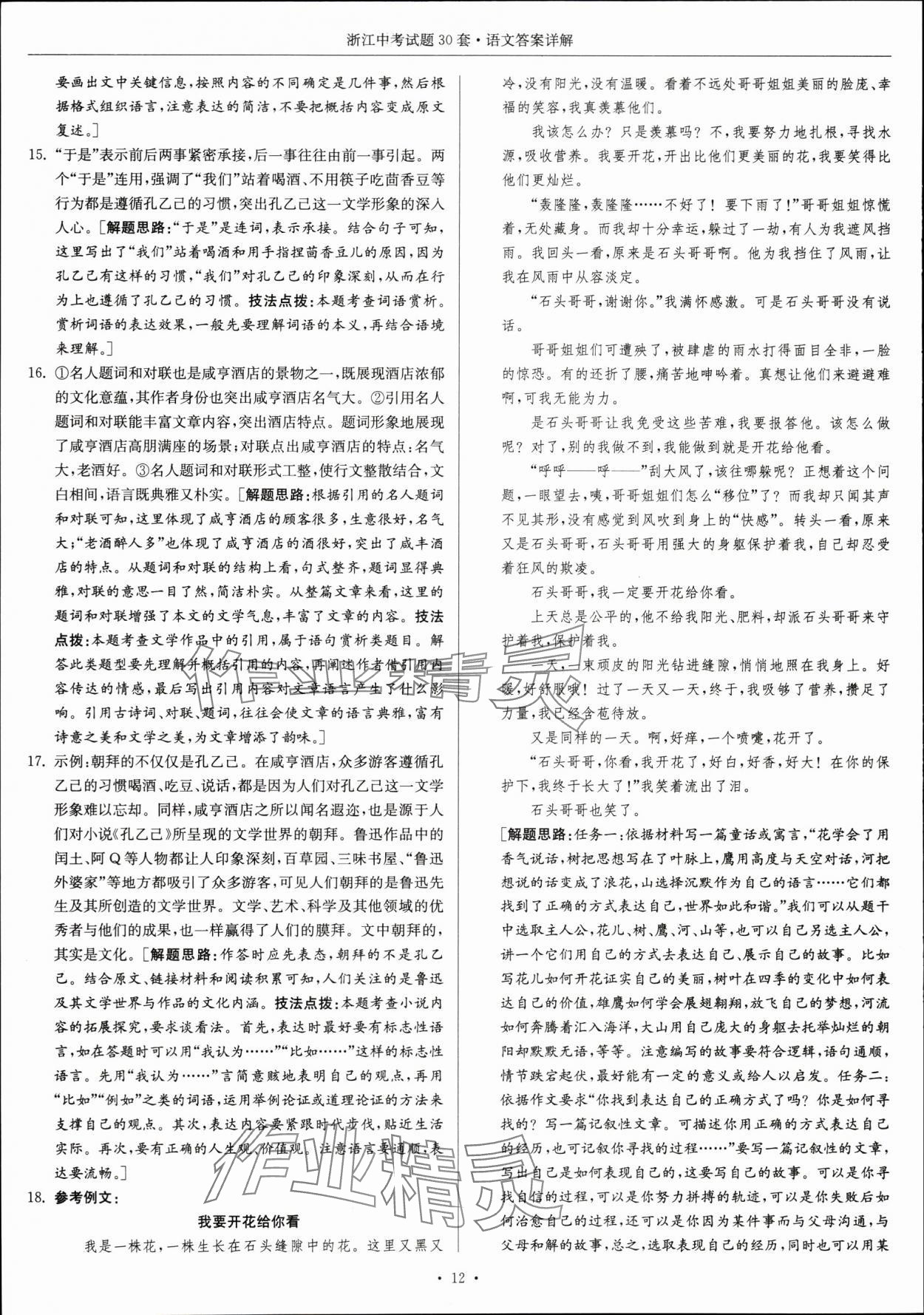 2024年浙江中考试题30套语文&nbsp;参考答案第12页