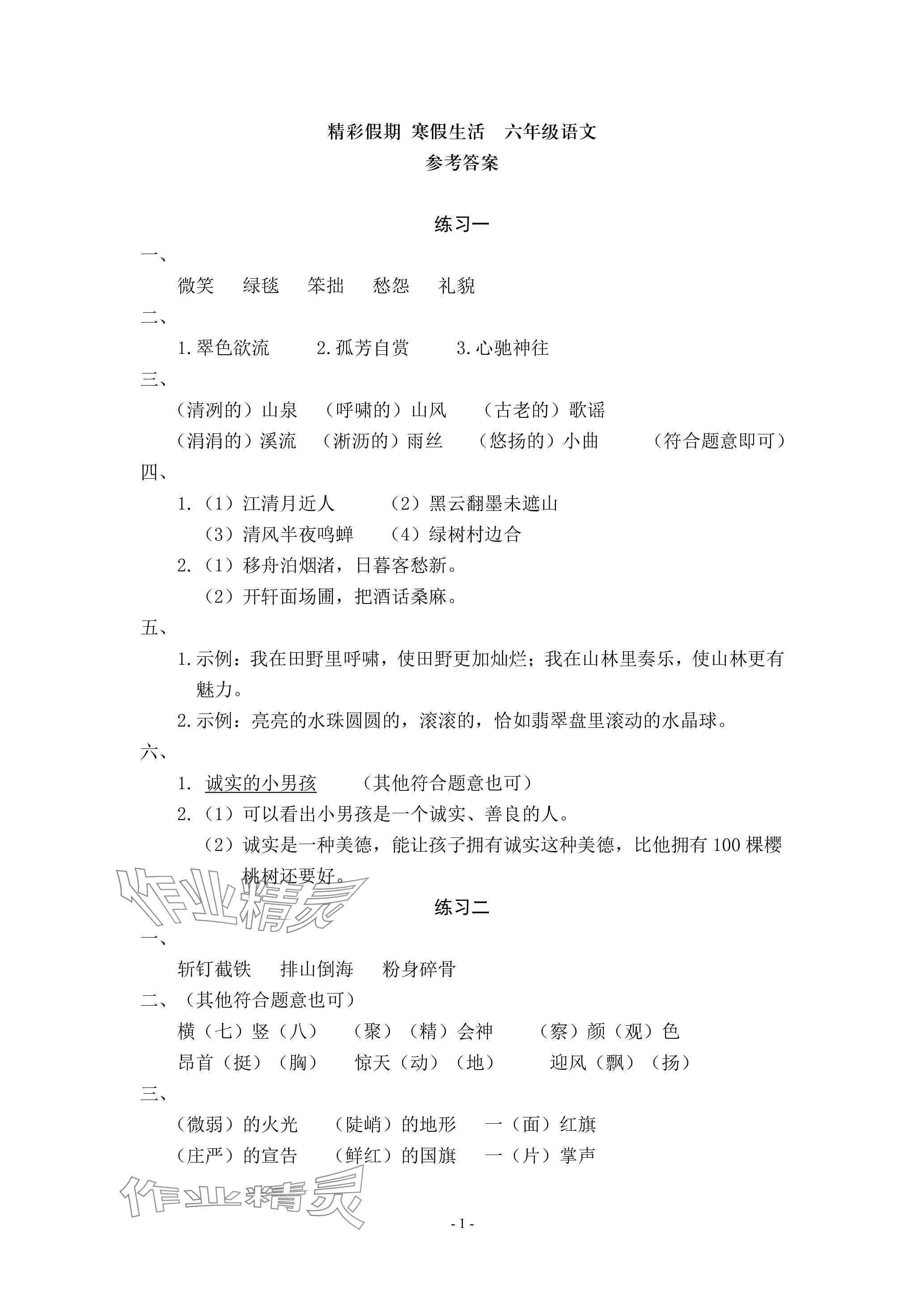 2024年鵬教圖書精彩假期寒假篇六年級 參考答案第1頁