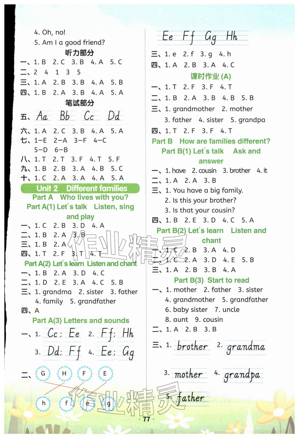2025年一课一练三年级英语上册人教PEP版 参考答案第2页