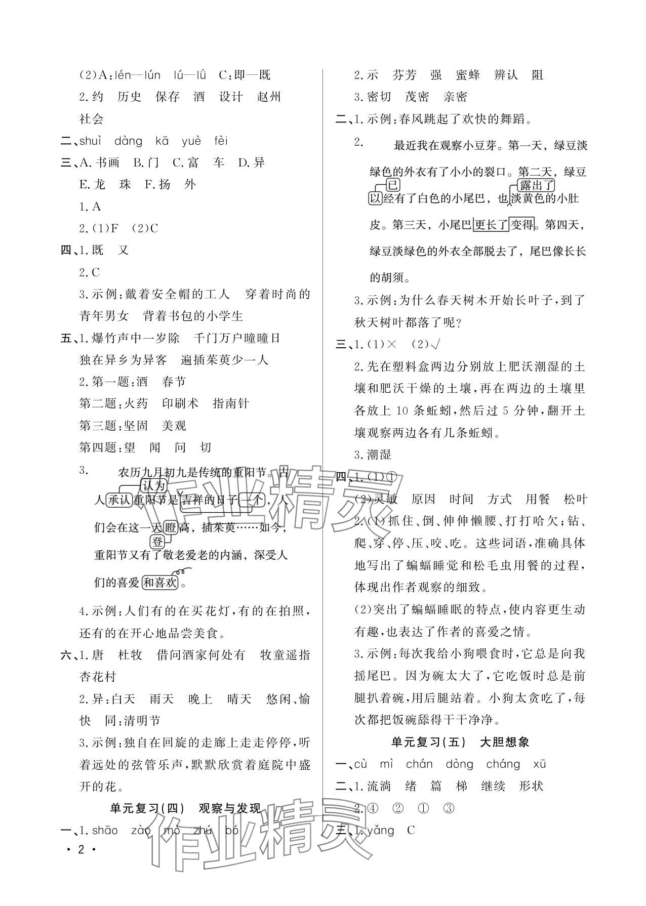 2025年小学暑假生活三年级山东文艺出版社 参考答案第2页