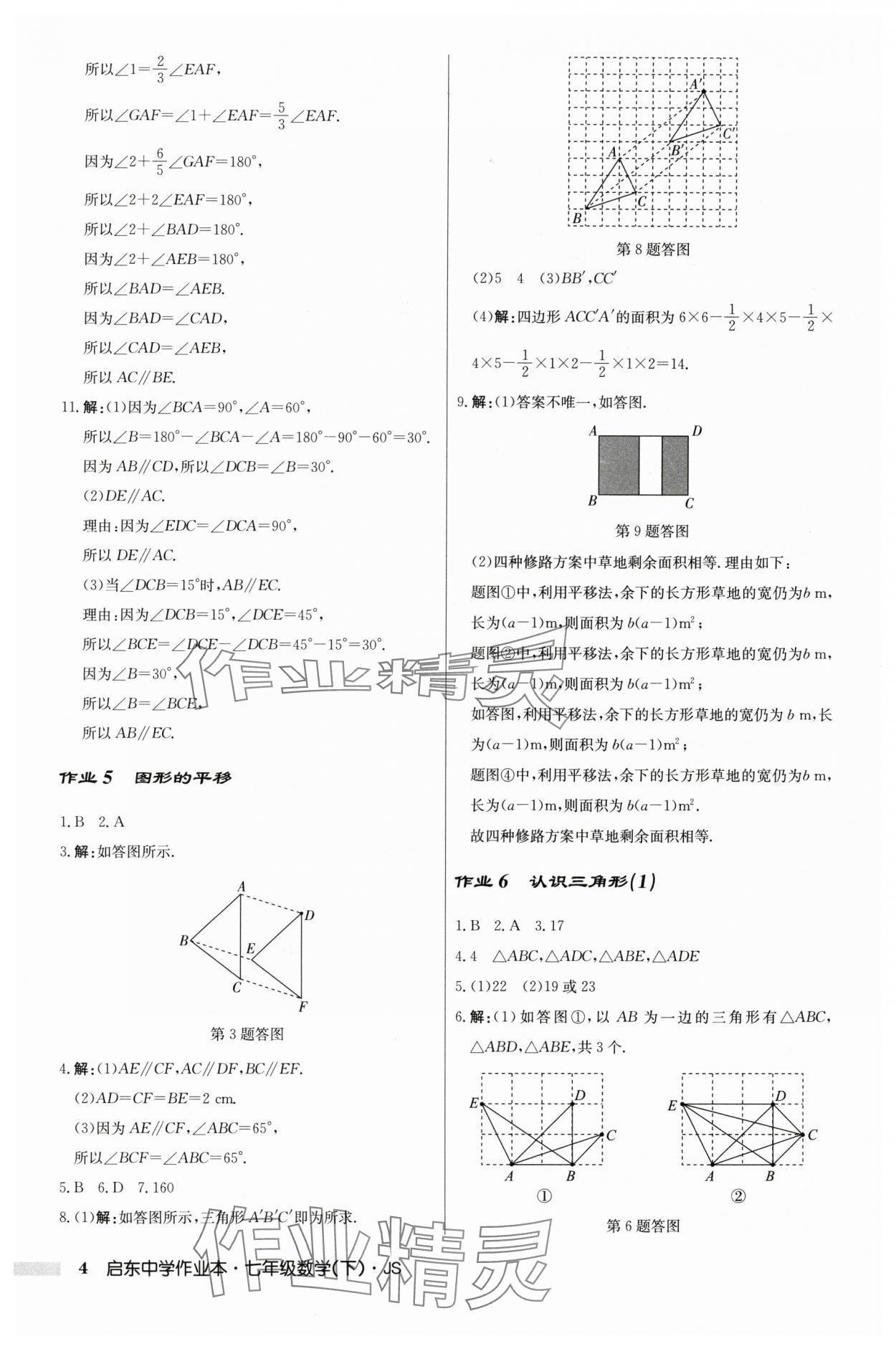 2024年启东中学作业本七年级数学下册苏科版 参考答案第4页