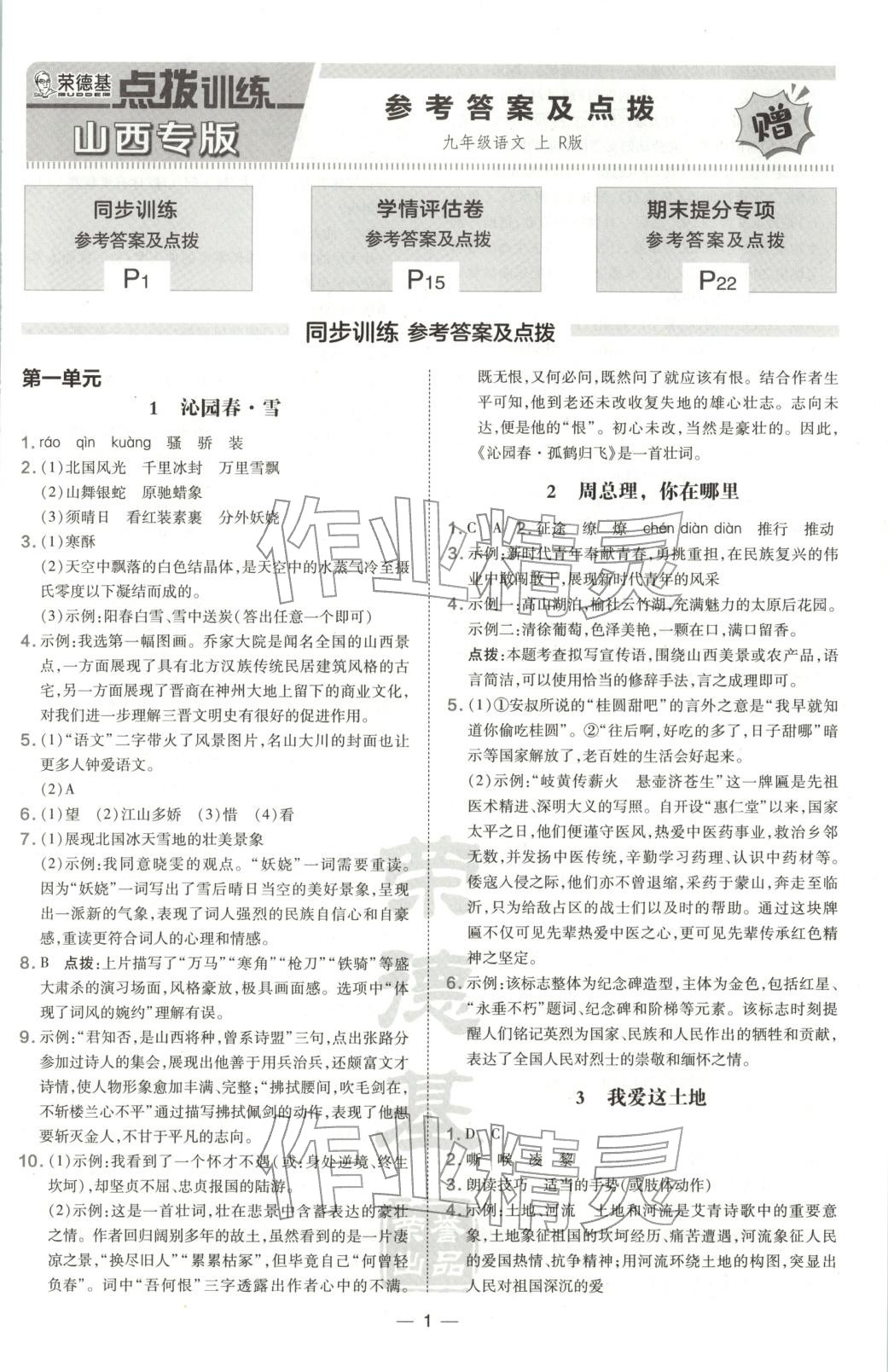 2025年点拨训练九年级语文上册人教版山西专版&nbsp;第1页