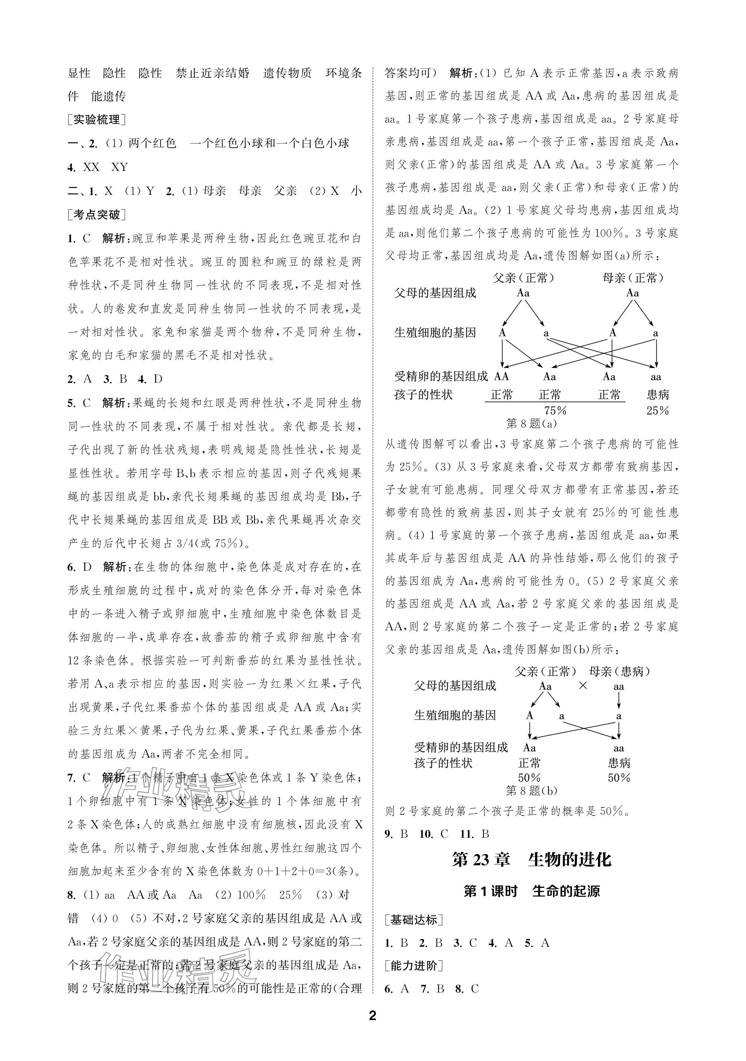 2024年金鑰匙課時學案作業(yè)本八年級生物下冊蘇科版 參考答案第2頁