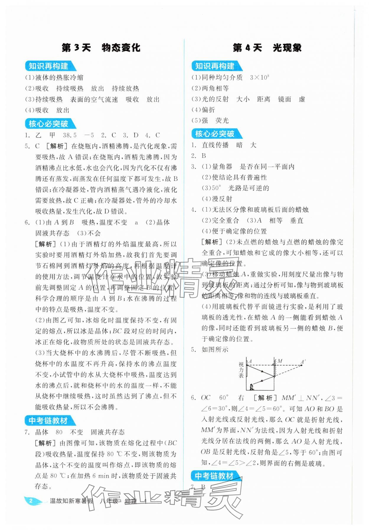 2025年全品温故知新寒假阳光出版社八年级物理人教版 参考答案第2页
