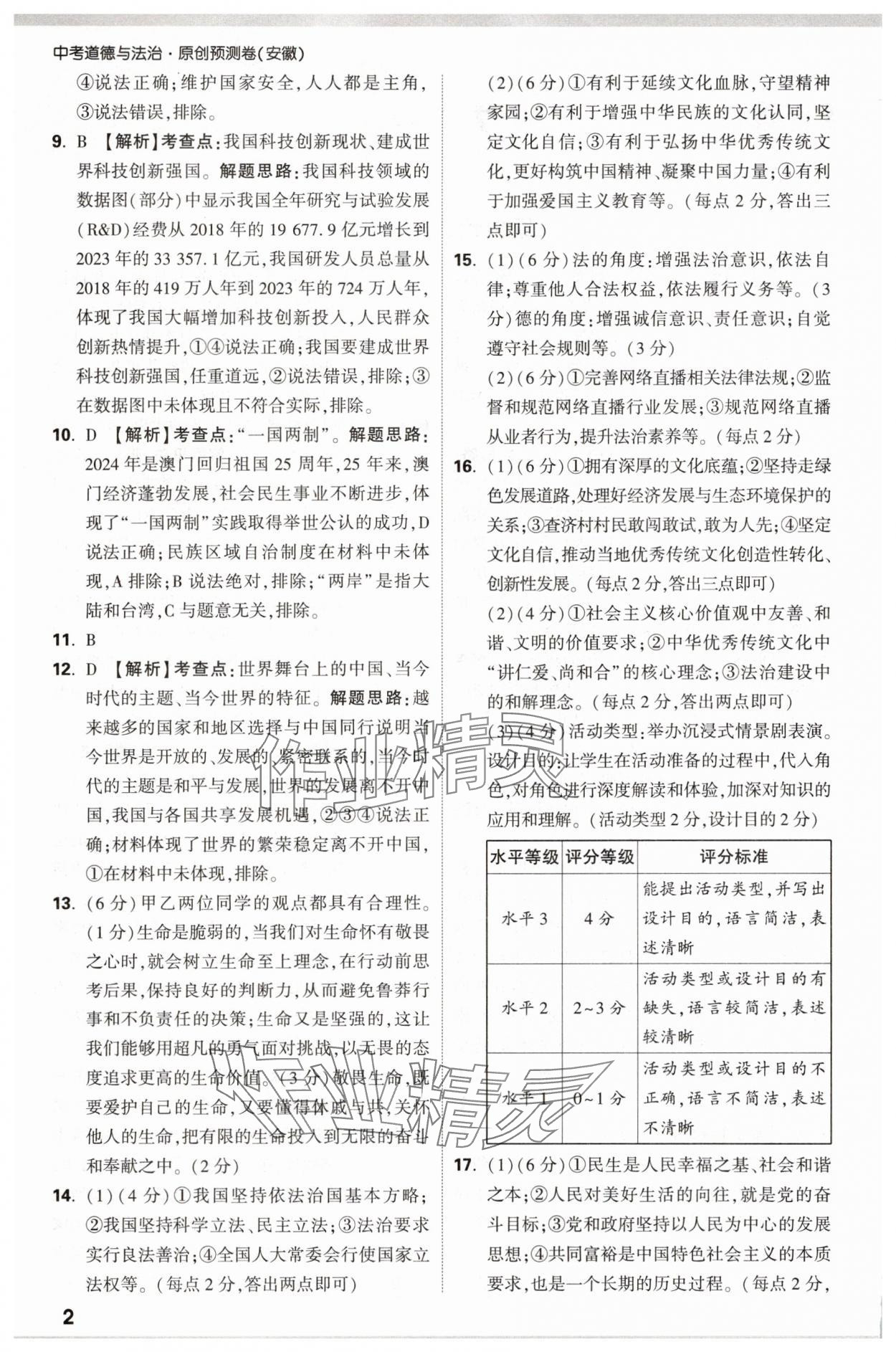 2025年萬唯中考原創預測卷道德與法治安徽專版 參考答案第2頁