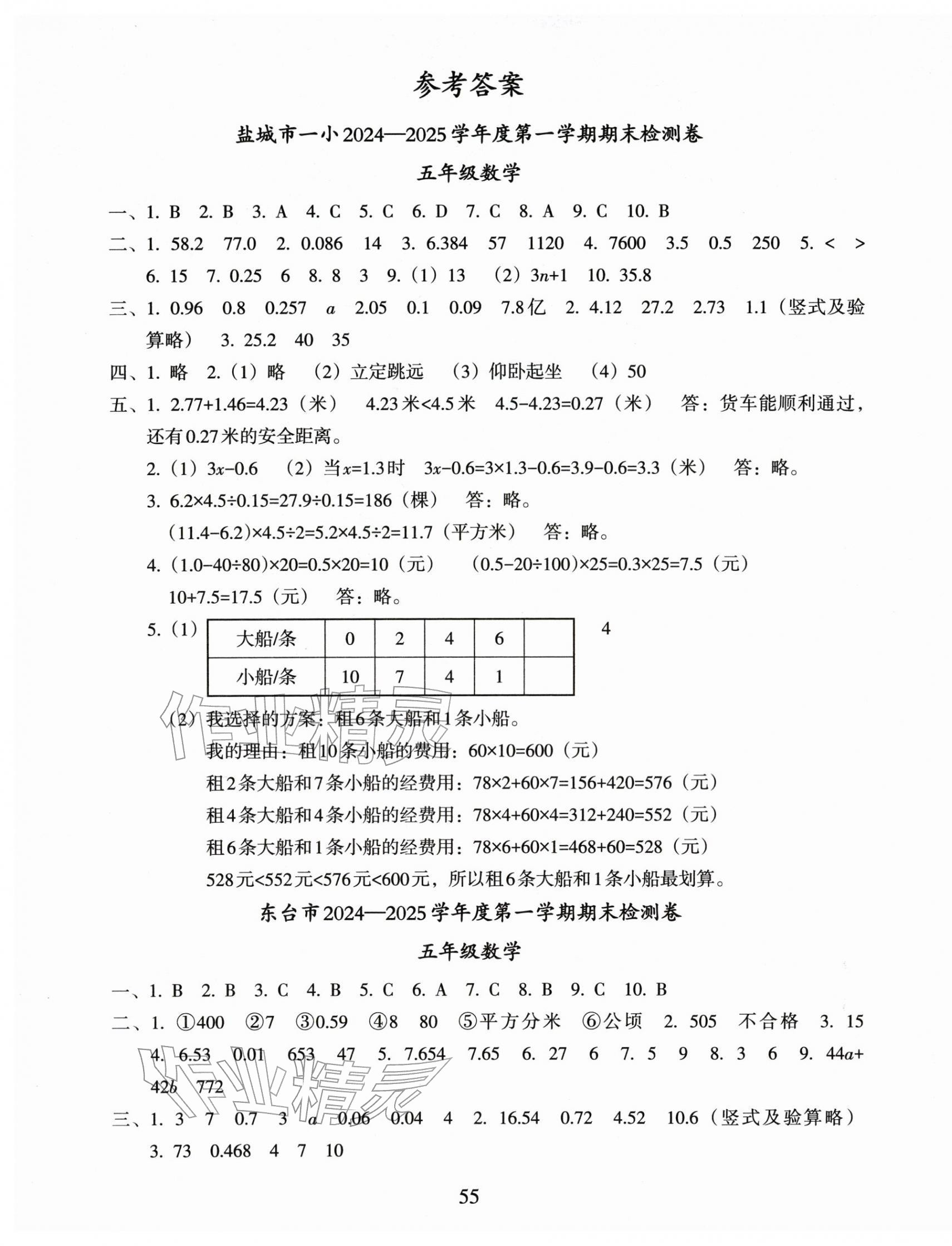 2026年鹽城市小學(xué)期末試卷精編五年級數(shù)學(xué)上冊蘇教版&nbsp;參考答案第1頁