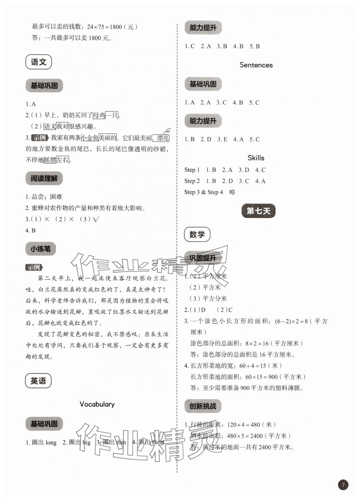 2025年作业帮暑假大通关三年级 参考答案第7页