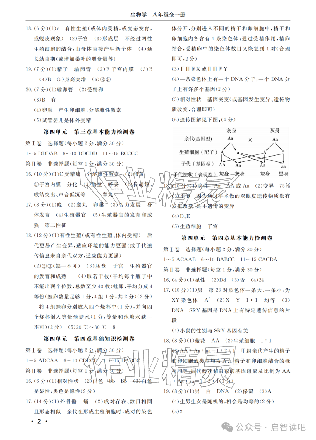 2025年同步练习册分层检测卷八年级生物全一册济南版 参考答案第2页