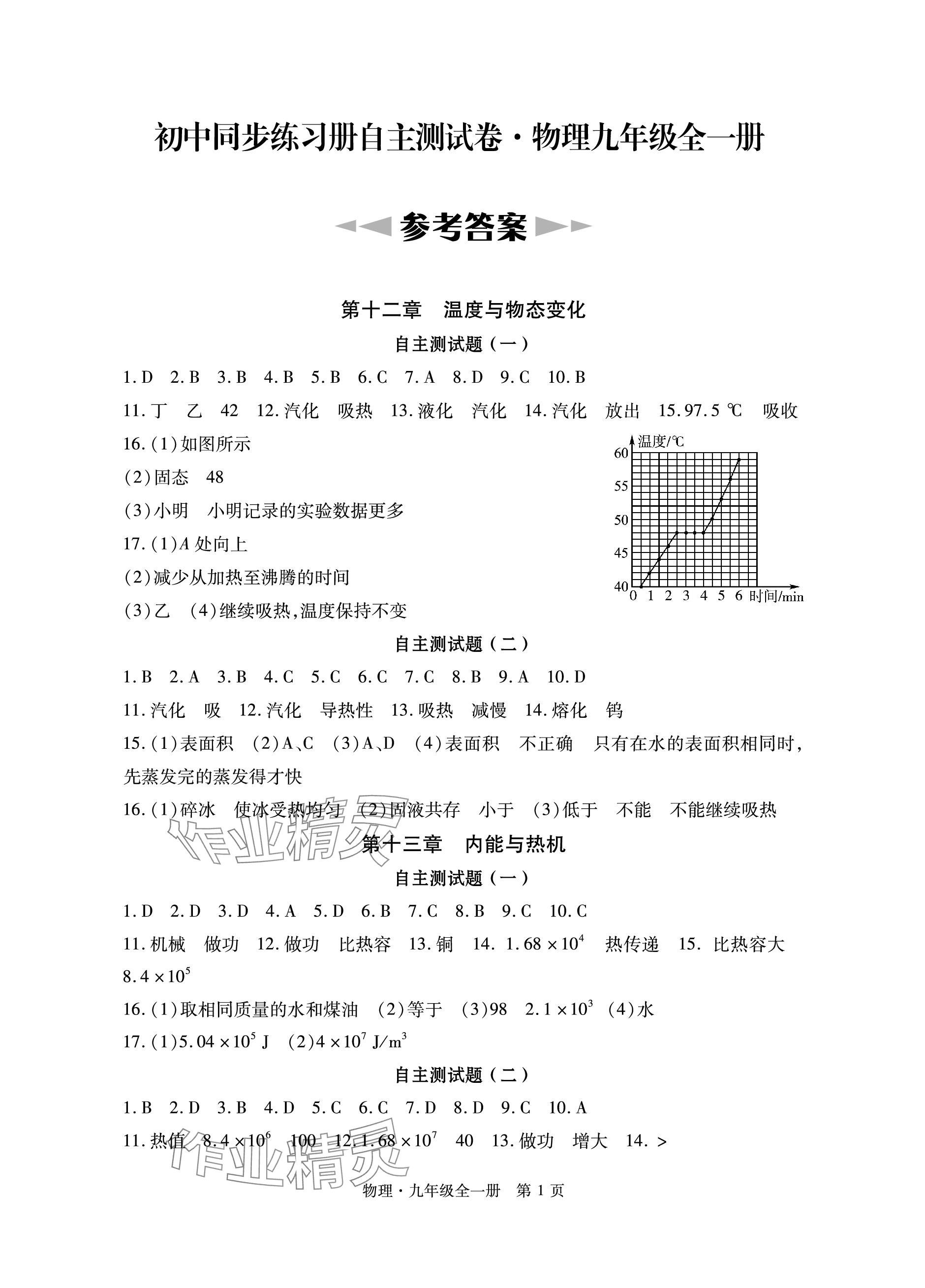 2023年初中同步練習(xí)冊自主測試卷九年級物理全一冊滬科版 參考答案第1頁