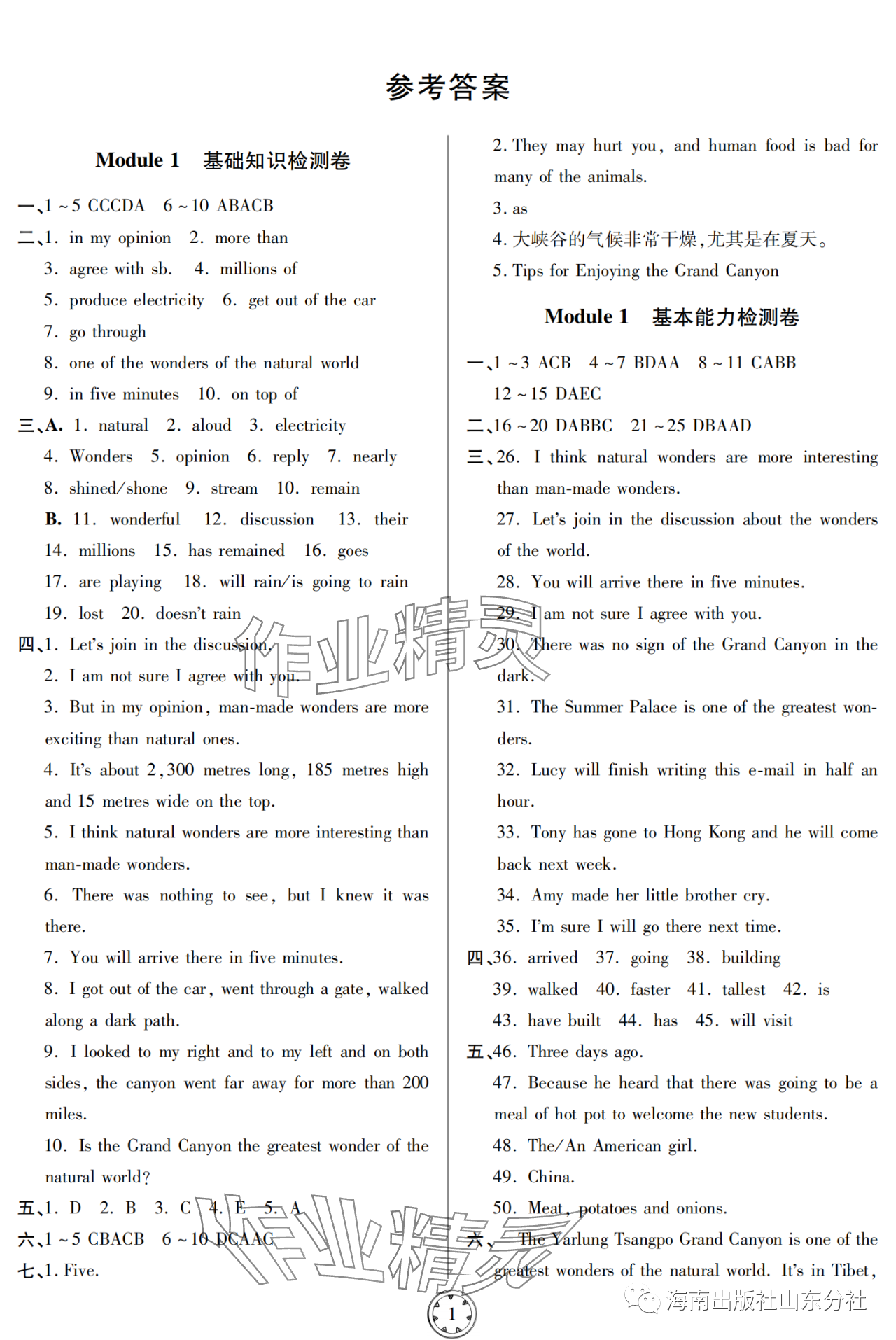 2023年同步練習(xí)冊(cè)分層檢測(cè)卷九年級(jí)英語上冊(cè)外研版 參考答案第1頁