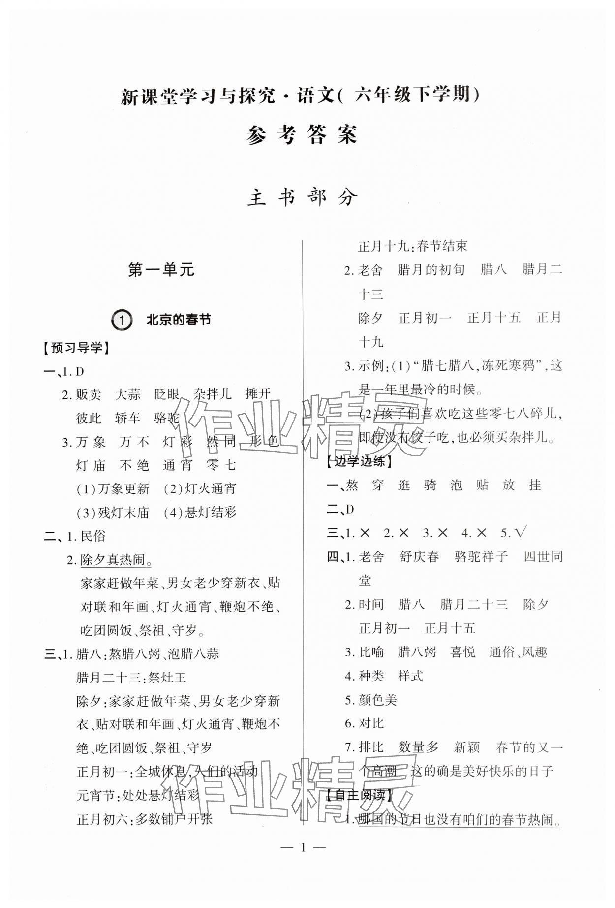 2025年新課堂學習與探究六年級語文下冊人教版 參考答案第1頁