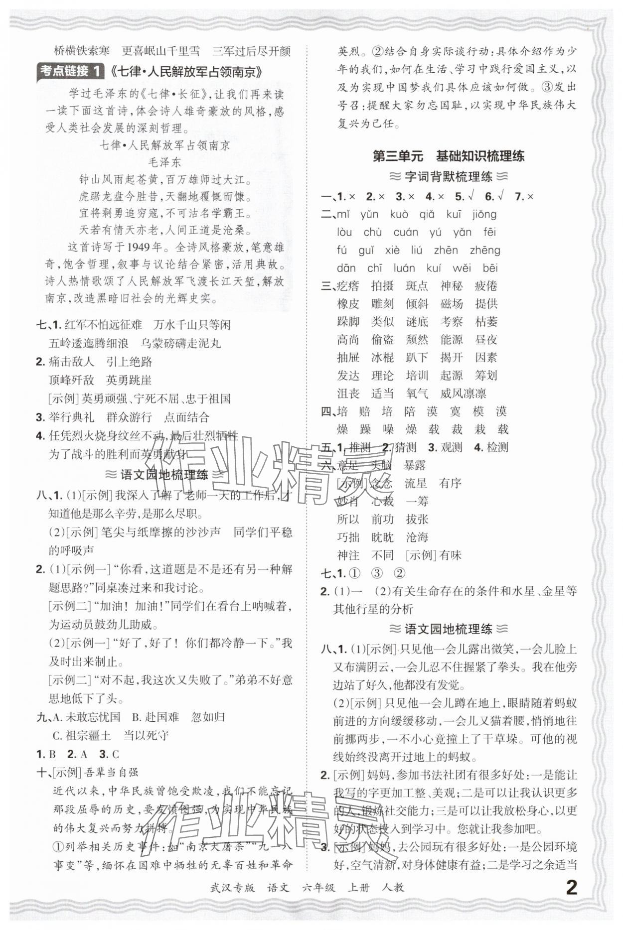 2024年王朝霞期末真题精编六年级语文上册人教版武汉专版 参考答案第2页