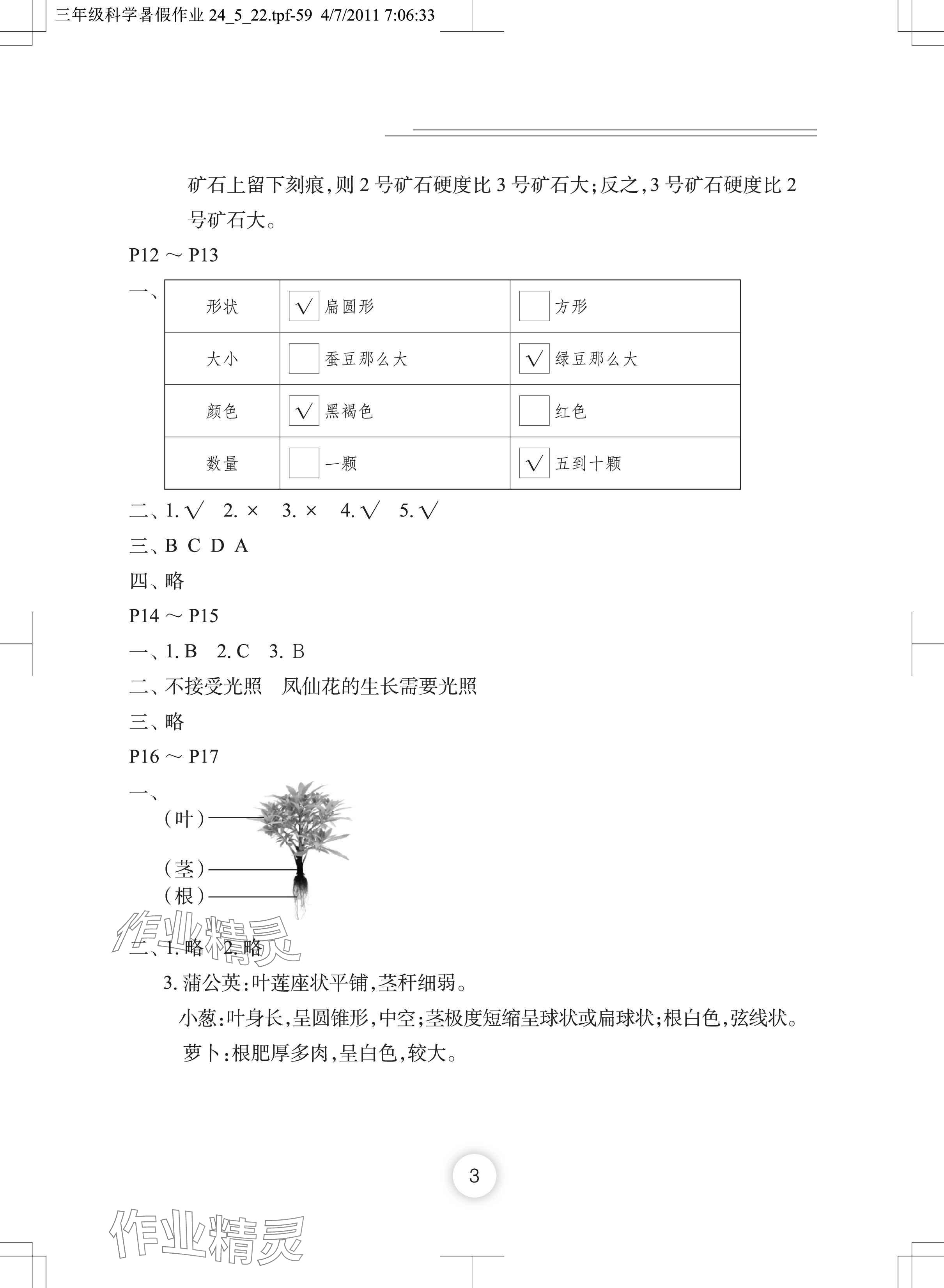 2024年暑假作业长江少年儿童出版社三年级科学 参考答案第3页