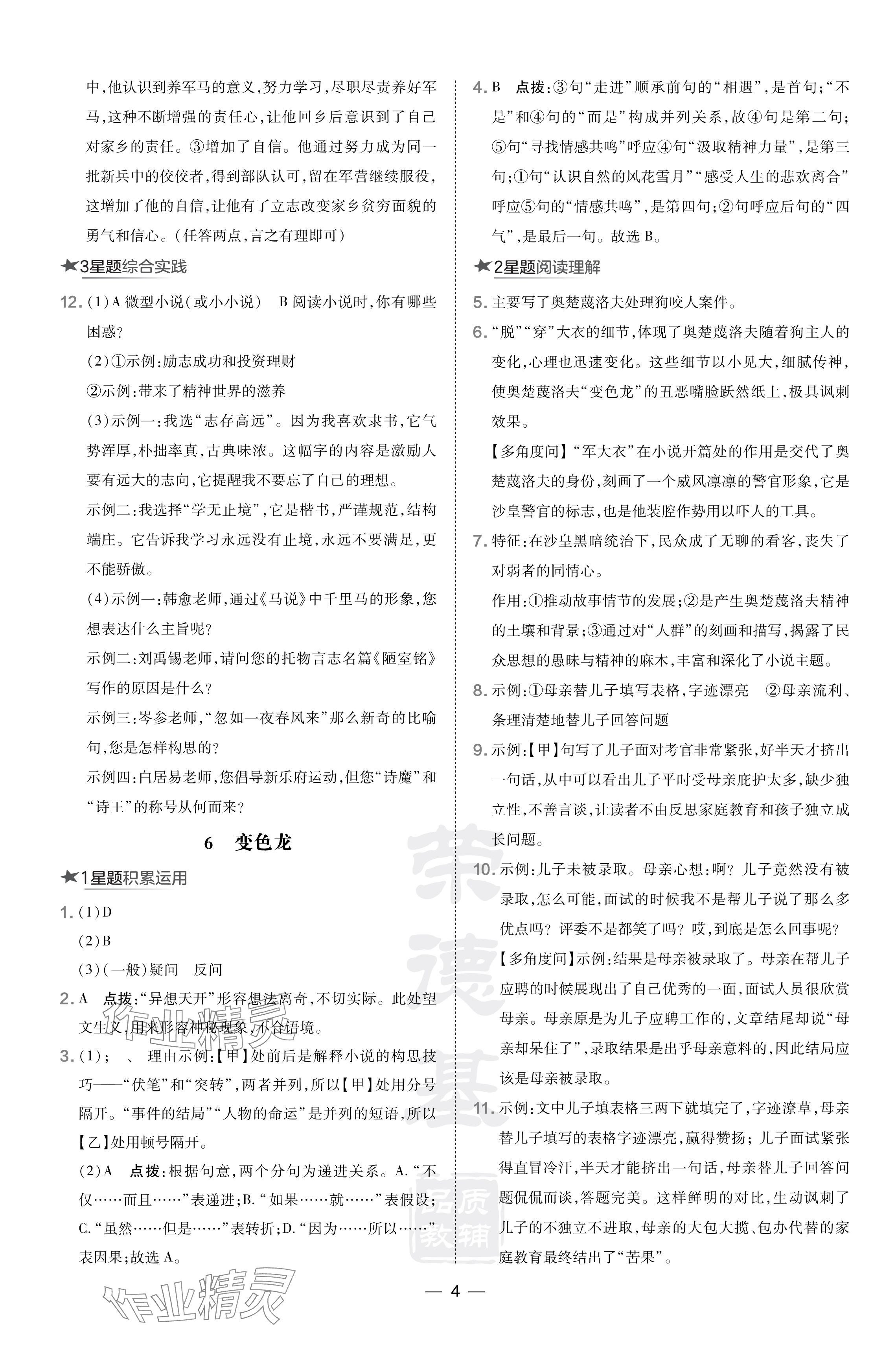 2024年點(diǎn)撥訓(xùn)練九年級語文下冊人教版河南專版 參考答案第4頁